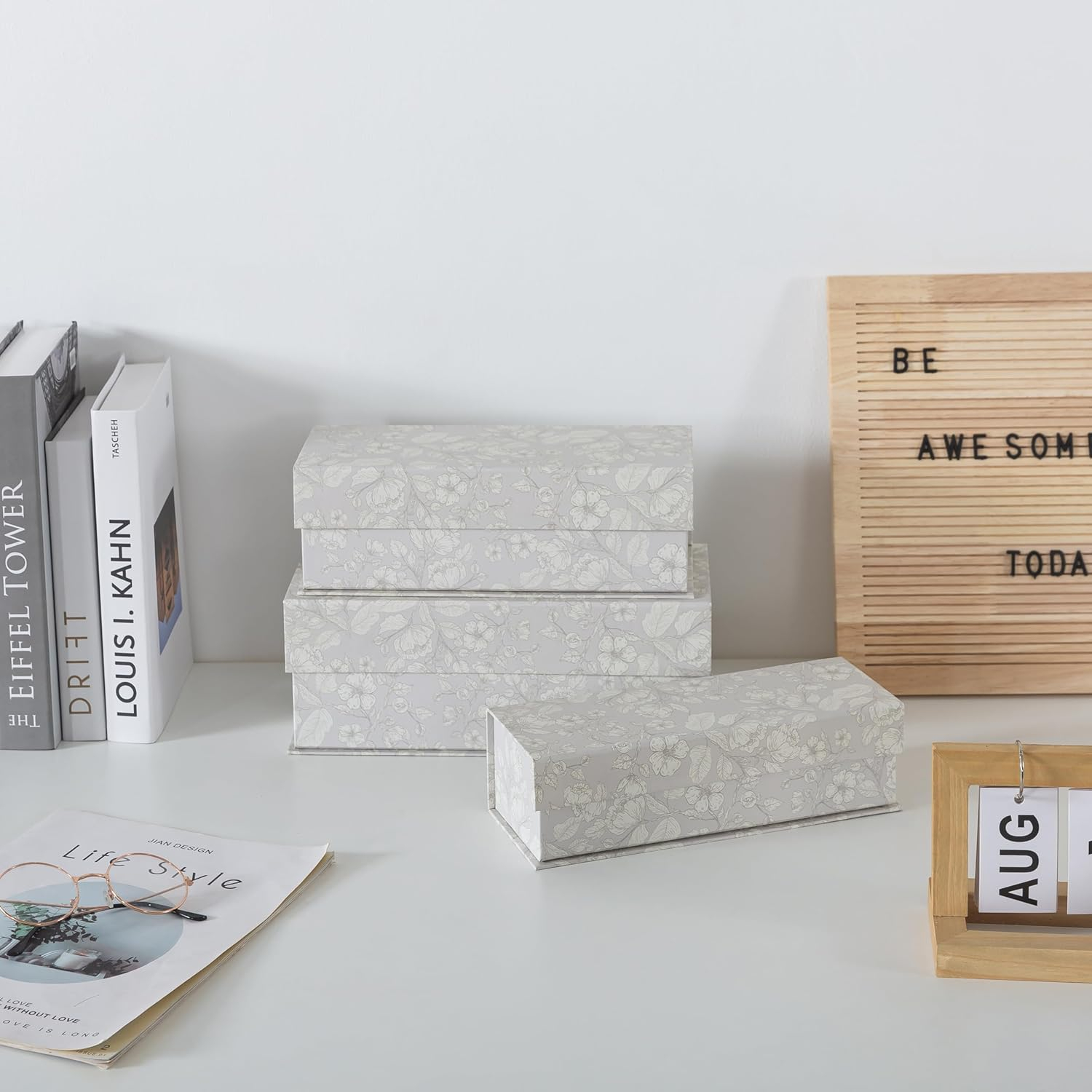 Soul & Lane Decorative Storage Boxes with Lids, Set of 3 Memory Keepsake Boxes with Magnetic Closure, Cardboard Storage for Photos, Documents, Gifts, Home Decor, Subtle Bloom