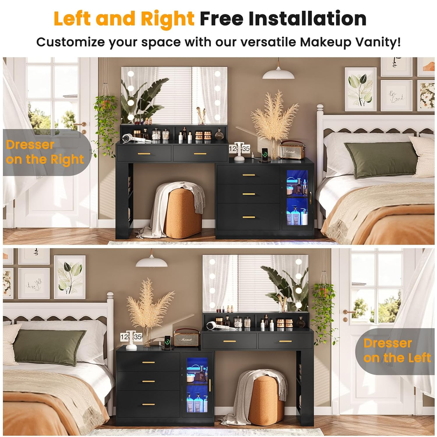 AOGLLATI Makeup Vanity Desk with Mirror and Lights & Charging Station, Black Vanity Table with 3 Drawers LED Dresser, Makeup Desk with 3 Lighting Modes, 5 Drawers and Cabinet Storage