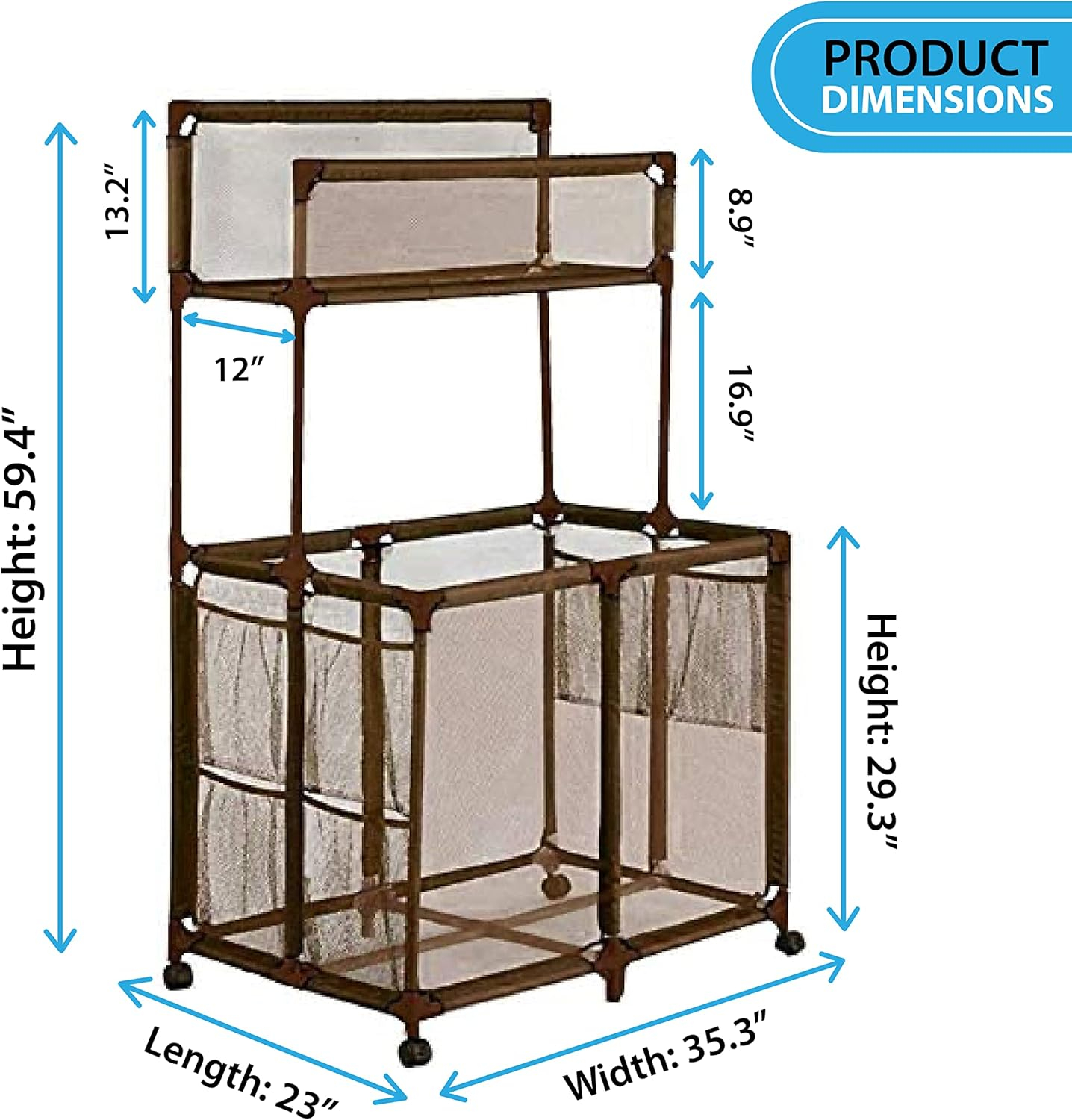 Essentially Yours Pool Storage Equipment Organizer Holder - Noodles, Toys, Balls and Floats Mesh Rolling Double Decker Bin, Large with Noodle Holder, (35.3" W x 23" L x 59.4" H), Brown Style 561935