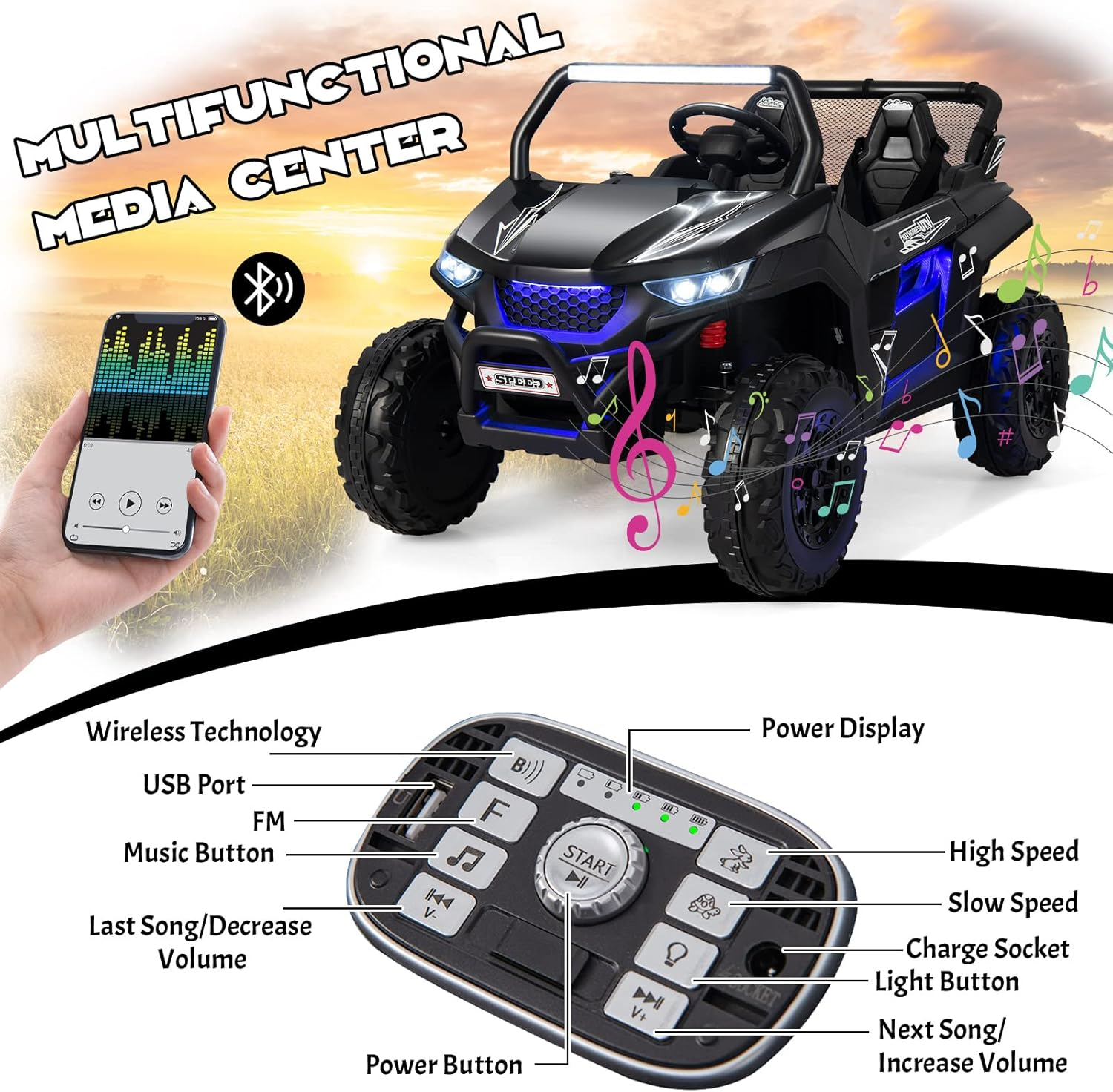 OLAKIDS 2 Seater Kids Ride On UTV, 12V Electric Truck Car with Remote Control, Children Battery Powered Vehicle with Music, 4 Wheels Suspension, Bluetooth, MP3, USB, FM, Horn (Dark)