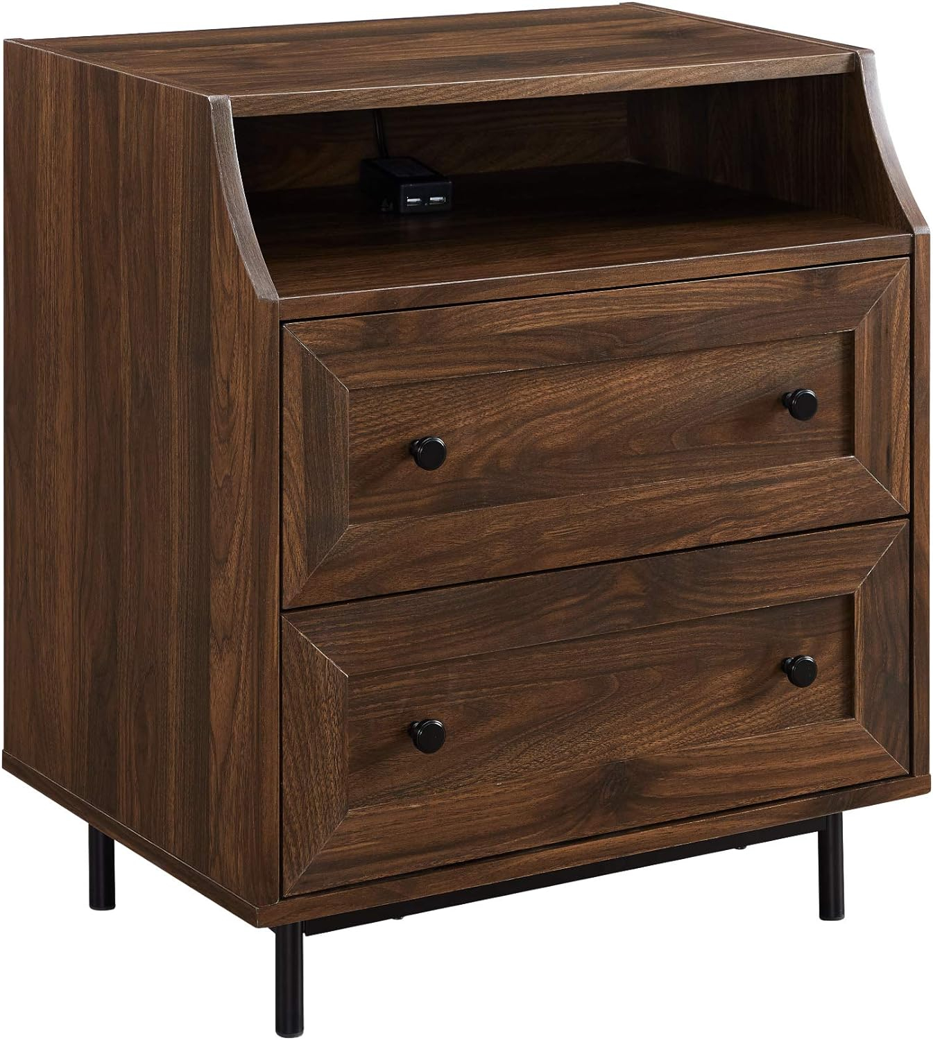 Walker Edison Modern 2 Drawer Nightstand with USB Port, Dark Walnut