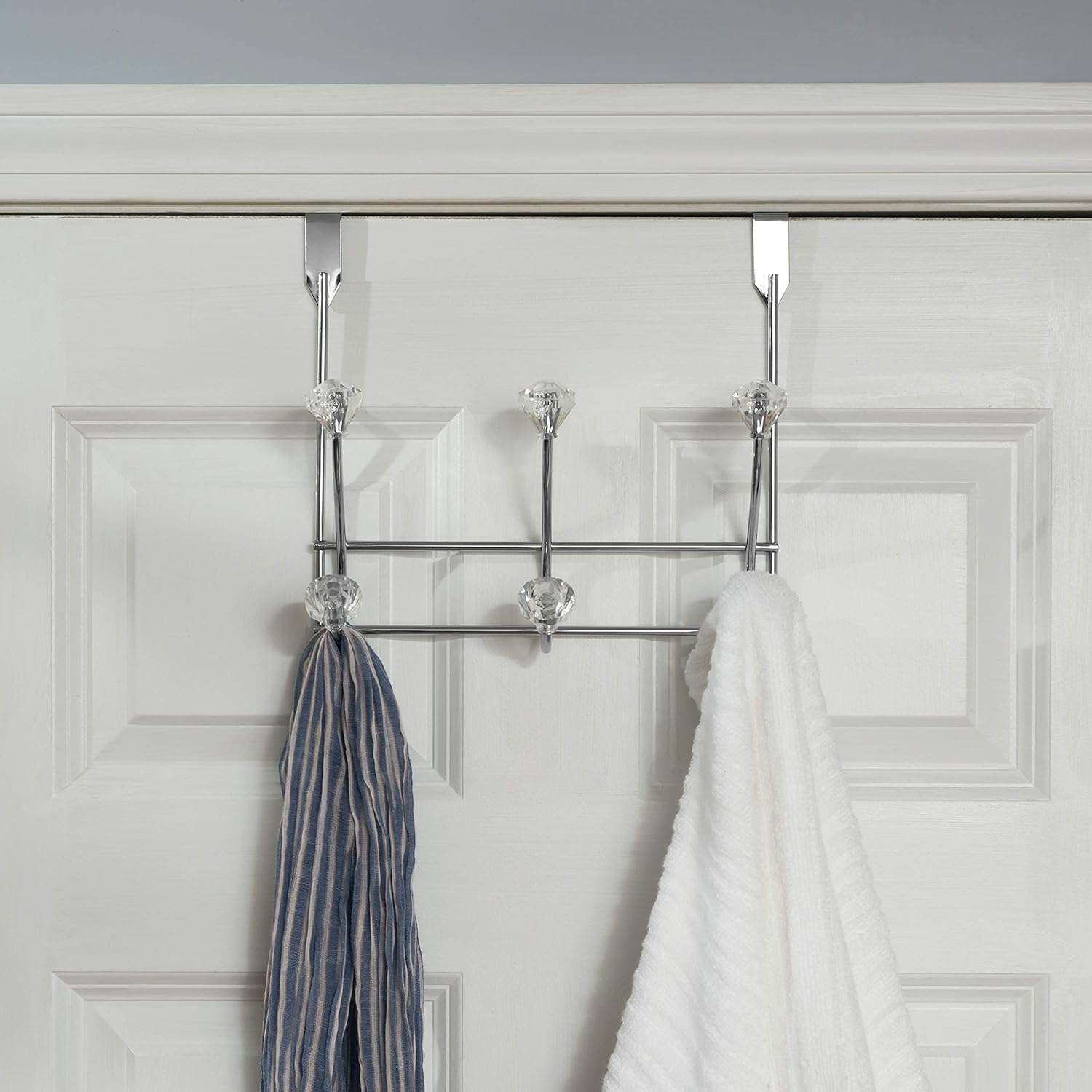 Home Basics Chrome Plated Steel 3 Hook over The Door Hanging Rack, Crystals