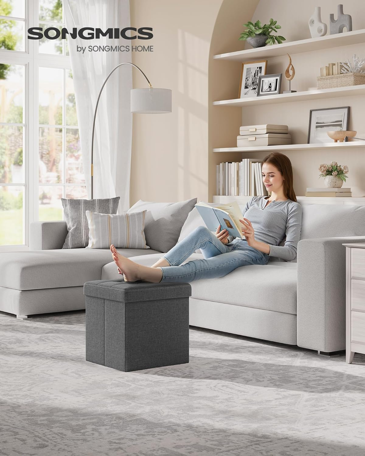 SONGMICS 15" Storage Ottoman Bench Cube Footrest, Folding, Dark Gray