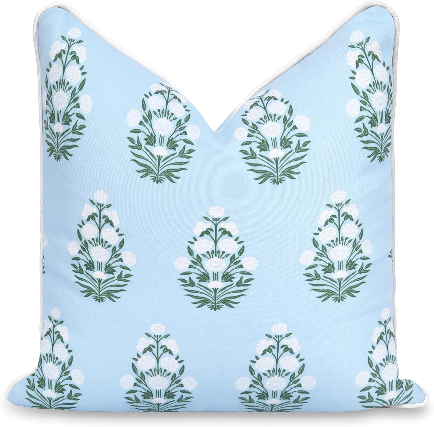 Hofdeco Premium Coastal Patio Indoor Outdoor Throw Pillow Cover Only, 18"x18" Water Repellent for Backyard, Couch, Baby Blue White Green Floral with Piping
