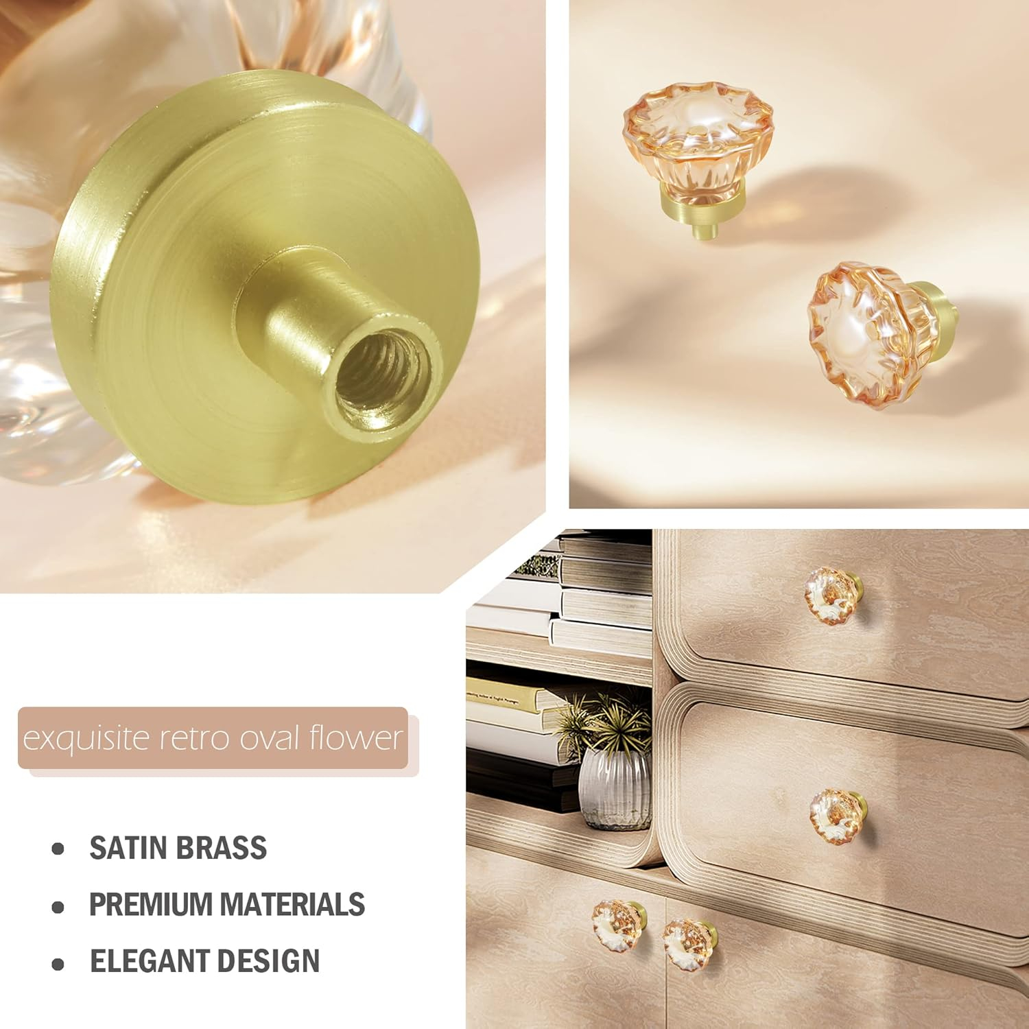 Champagne Crystal Cabinet Knobs and Pulls 8 Pack,Glass Knobs for Dresser Drawers with Satin Brass/Brushed Gold Base