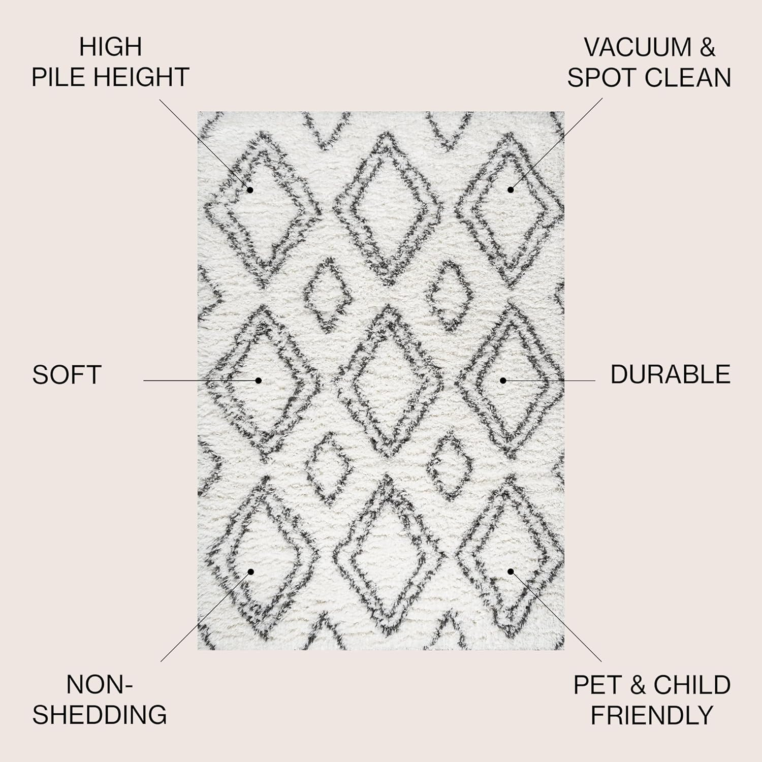 Ivory and Dark Gray Braided Diamond Shag Area Rug, 3 x 5 ft