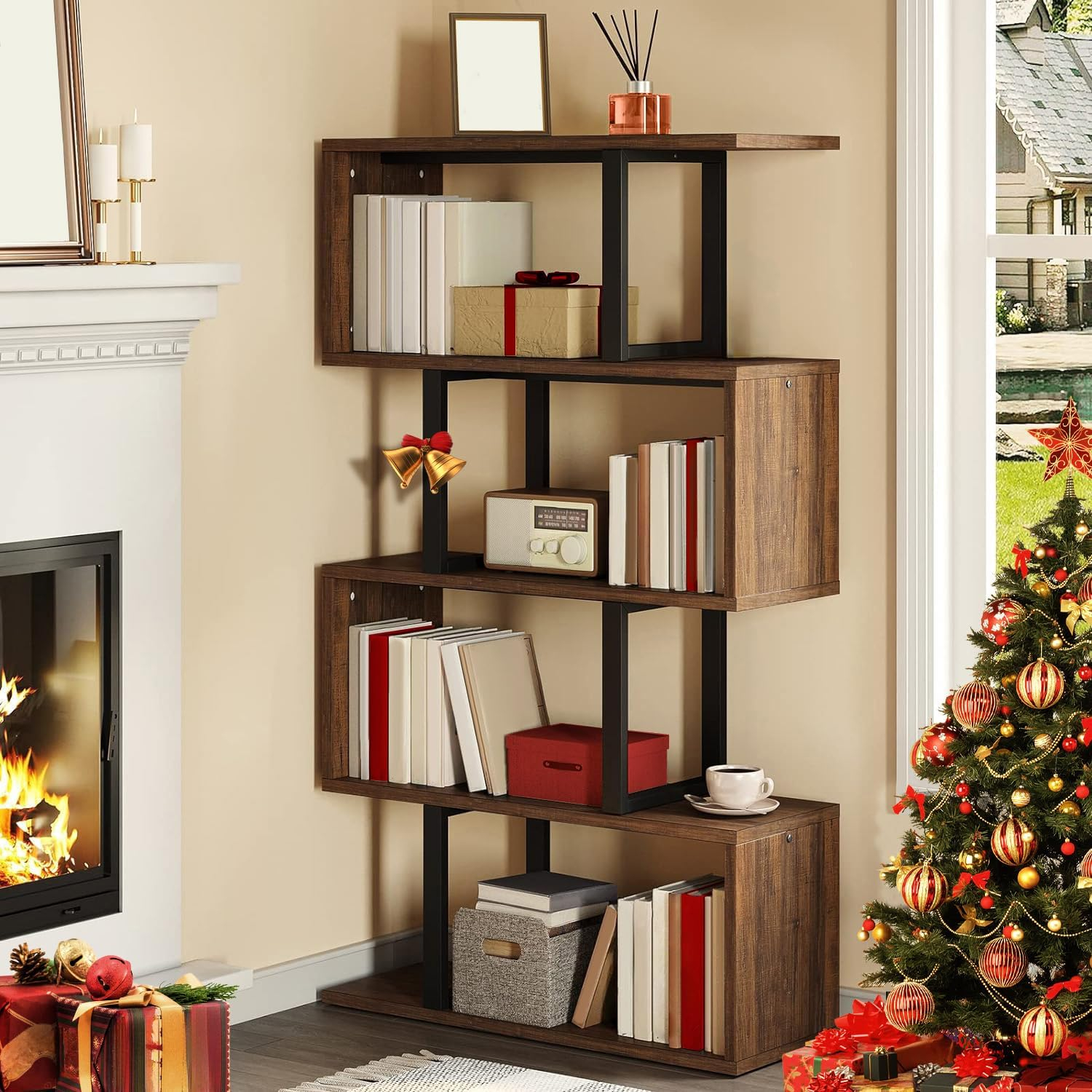 YITAHOME 5-Tier Bookshelf, S-Shaped Z-Shelf Bookshelves and Bookcase, Industrial Freestanding Multifunctional Decorative Storage Shelving for Living Room Home Office, Retro Brown