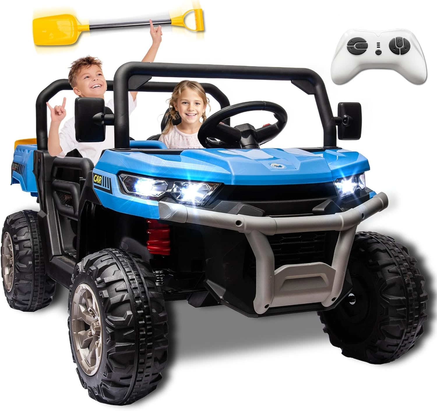 24V 2 Seater Kids Ride on Car Truck, Ride On UTV with 2x200W Motor Ride On Dump Truck, Ride On Car with Dump Bed/Shovel, Electric Vehicle with Durable Tires, LED Light, Music, Remote Control, Blue