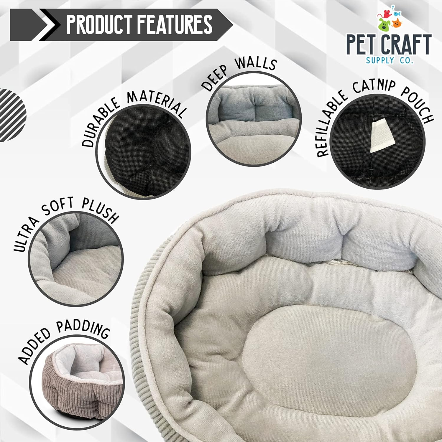 Pet Craft Supply Sleeper Self Warming Calming Cat Bed with Ultra Soft Luxury Plush & Refillable Catnip Pouch, Grey
