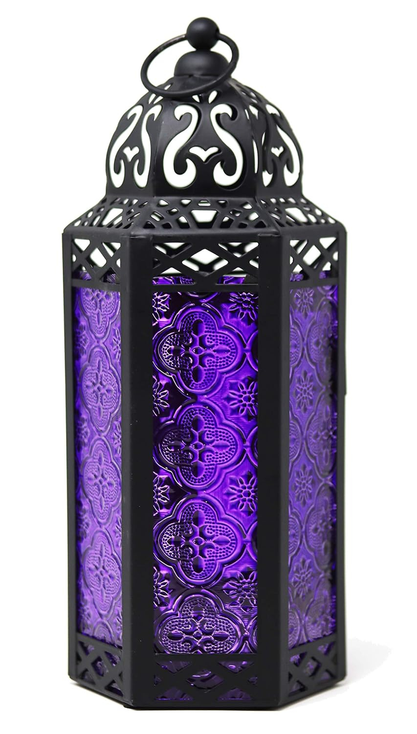 VELA LANTERNS 10.5" Purple Gothic Moroccan Candle Lantern Decorative Candle Holder Lamp for Table or Hanging, Ramadan Decorations, Indoor Home Room Halloween Decor, Outdoor Patio or Porch, Medium