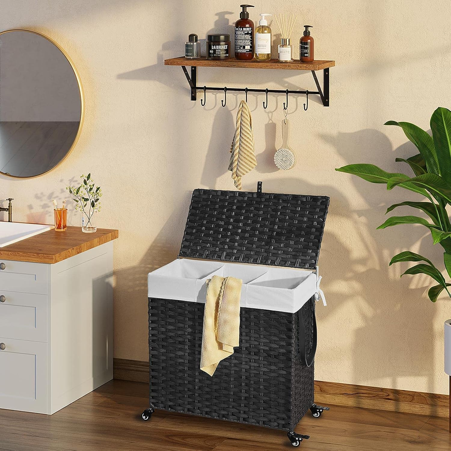 Greenstell Laundry Hamper with Wheels&Lid, 140L Large 3 Sections Clothes Hamper with 2 Types Removable Liner Bags, 5 Mesh Laundry Bags, Handwoven Divided Laundry Basket Black