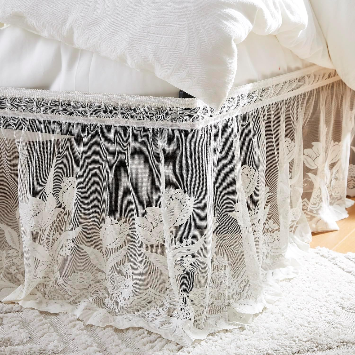 Beige King Size Lace Bed Skirt with Floral Design