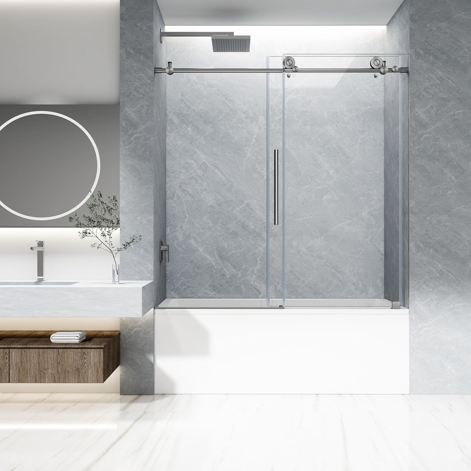 Frameless Sliding Shower Door, 76 x (44-48) Inch Frameless Shower Door, 5/16" (8mm) Clear Tempered Glass in Brushed Nickel Finish, Glass Shower Door