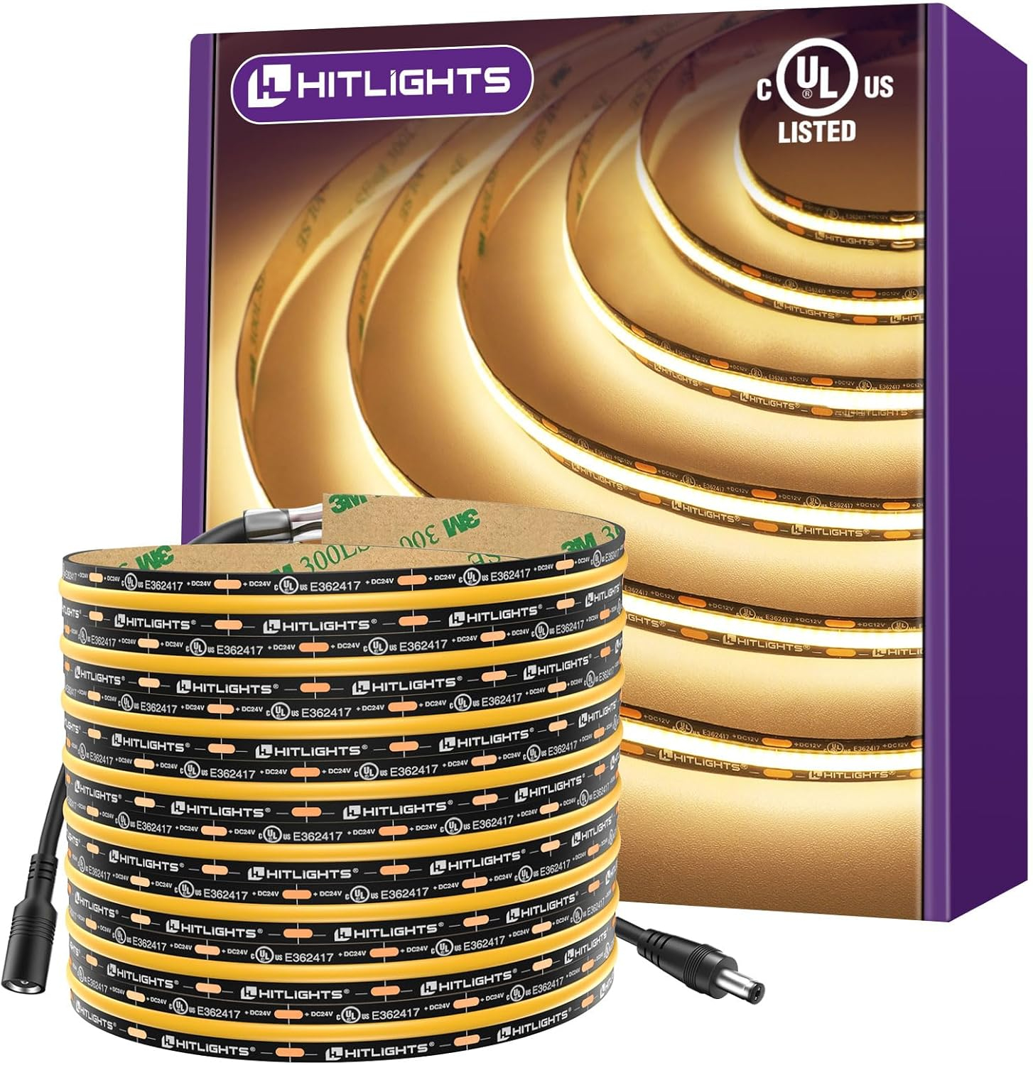 HitLights COB LED Strip Lights Warm White 3000K, 16.4ft Premium 12V Tape Light High Density, 2400 LEDs, 305+ LM/FT, CRI 90+, IP30, Lighting for Kitchen, Cabinets, UL Listed (Power Source Not Included)