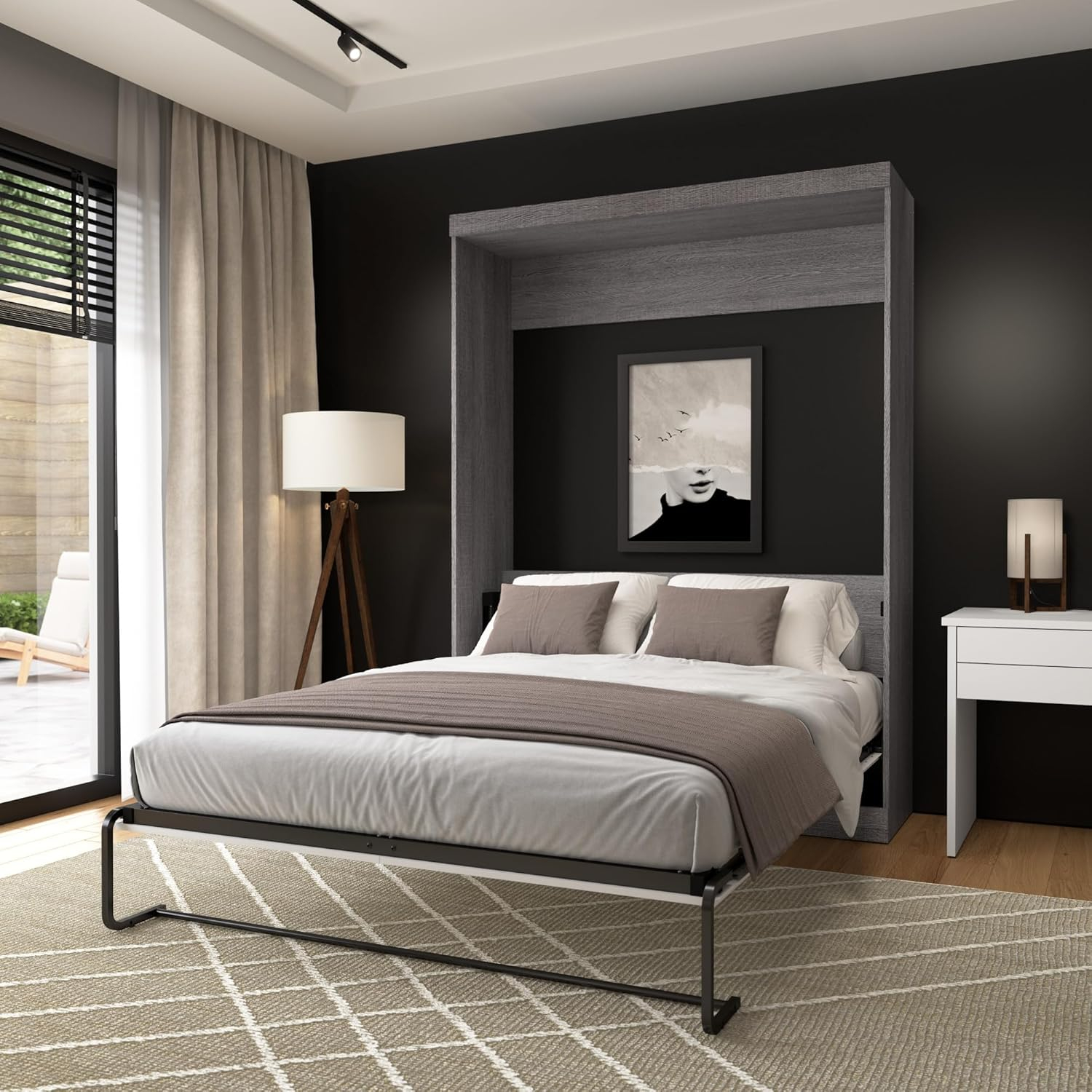 Bestar Nebula 65W Queen Murphy Bed in Bark Gray and White, Sleeping Arrangement for Multipurpose Room