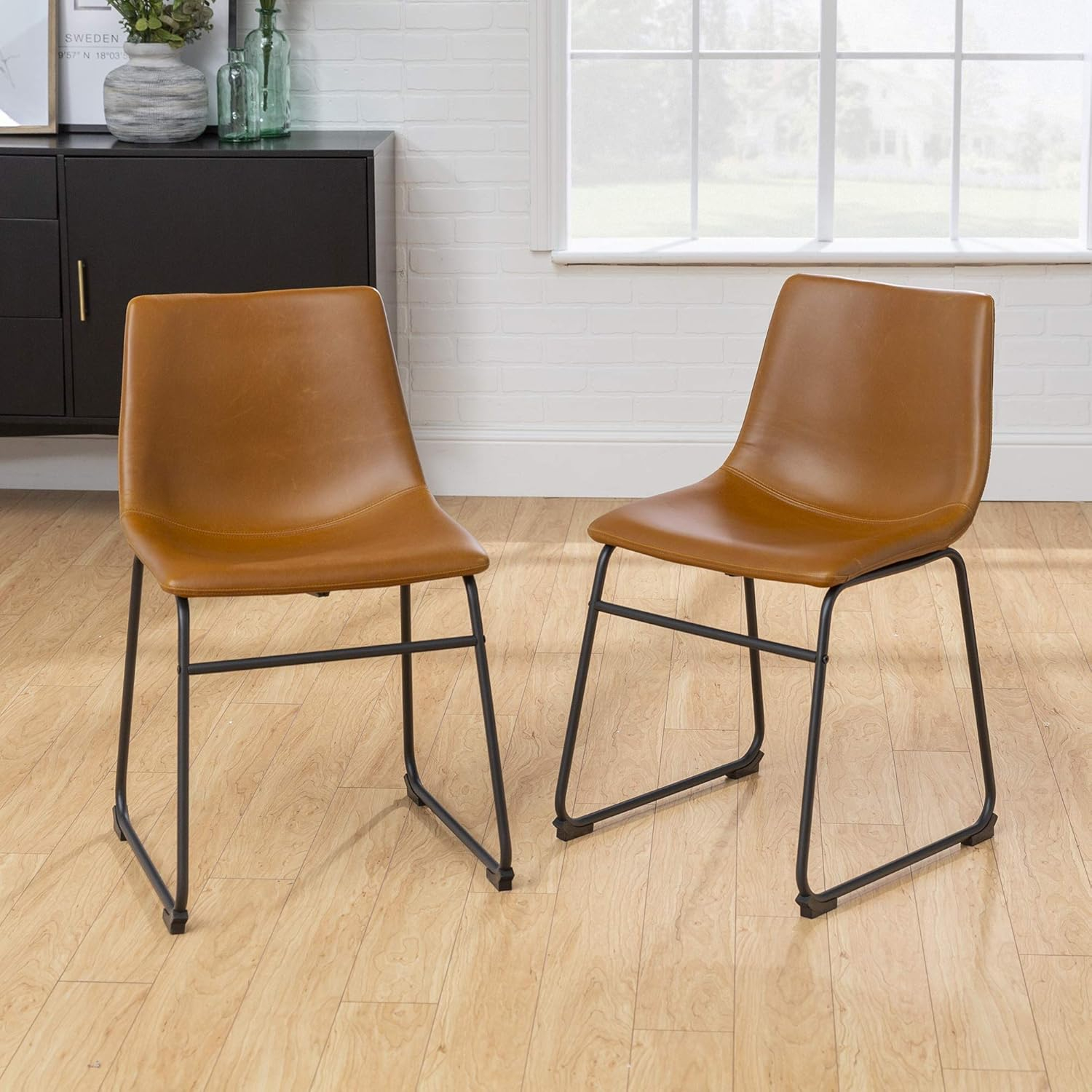 ONKER  Douglas Urban Industrial Faux Leather Armless Dining Chairs, Set of 2, Whiskey Brown