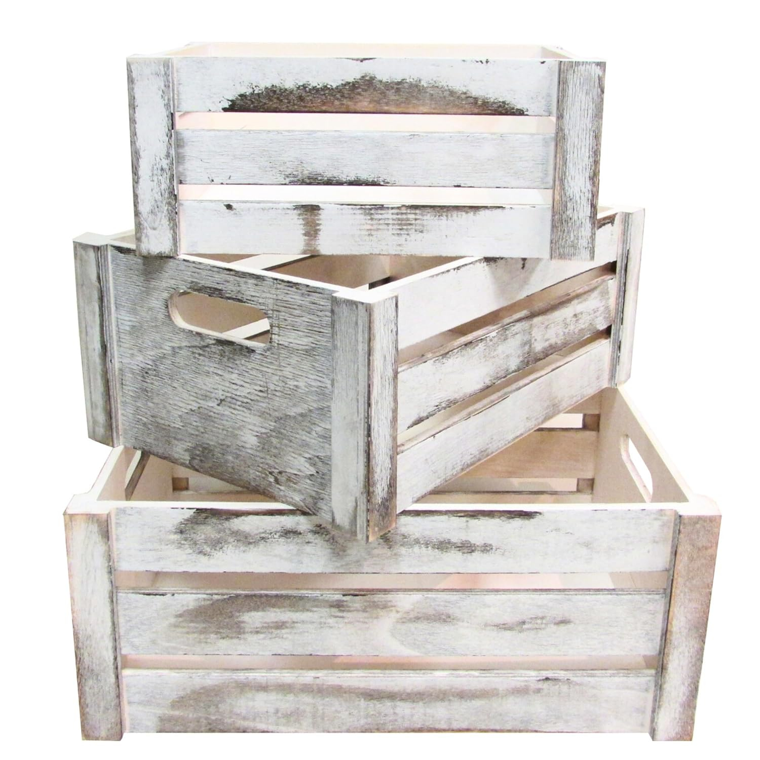 Admired By Nature Wooden Crates Storage Container, Rustic White Set of 3, Farmhouse Style Decorative Baskets for Home Decor, Rustic Decor, Nesting Stackable Organizers, Distressed Wood Crates C21