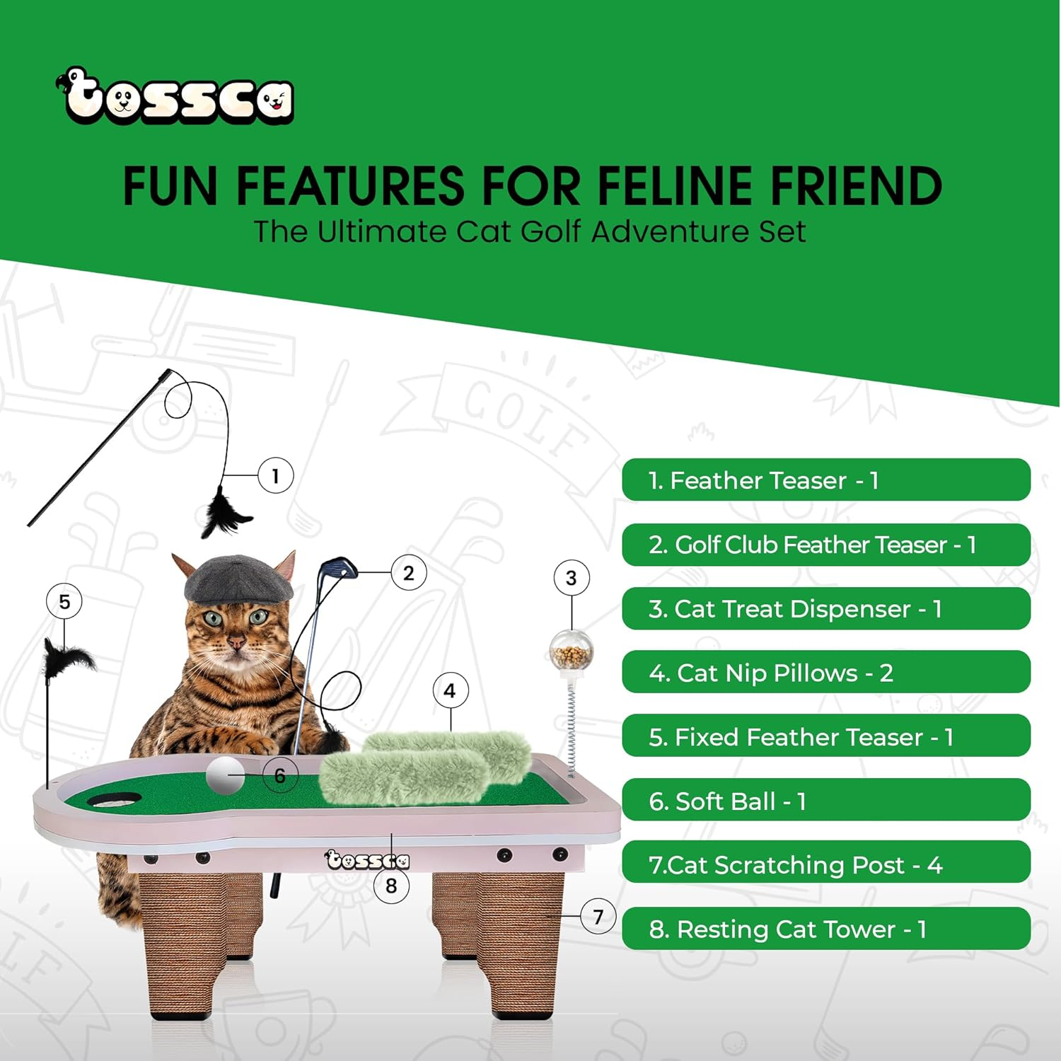 8 in 1 Cat Golf Table Set | Cat Tree Tower with Scratching Post, Catnip Pillows, Feather Teaser Wand, Feeder, Cat Furniture for Indoor Cats
