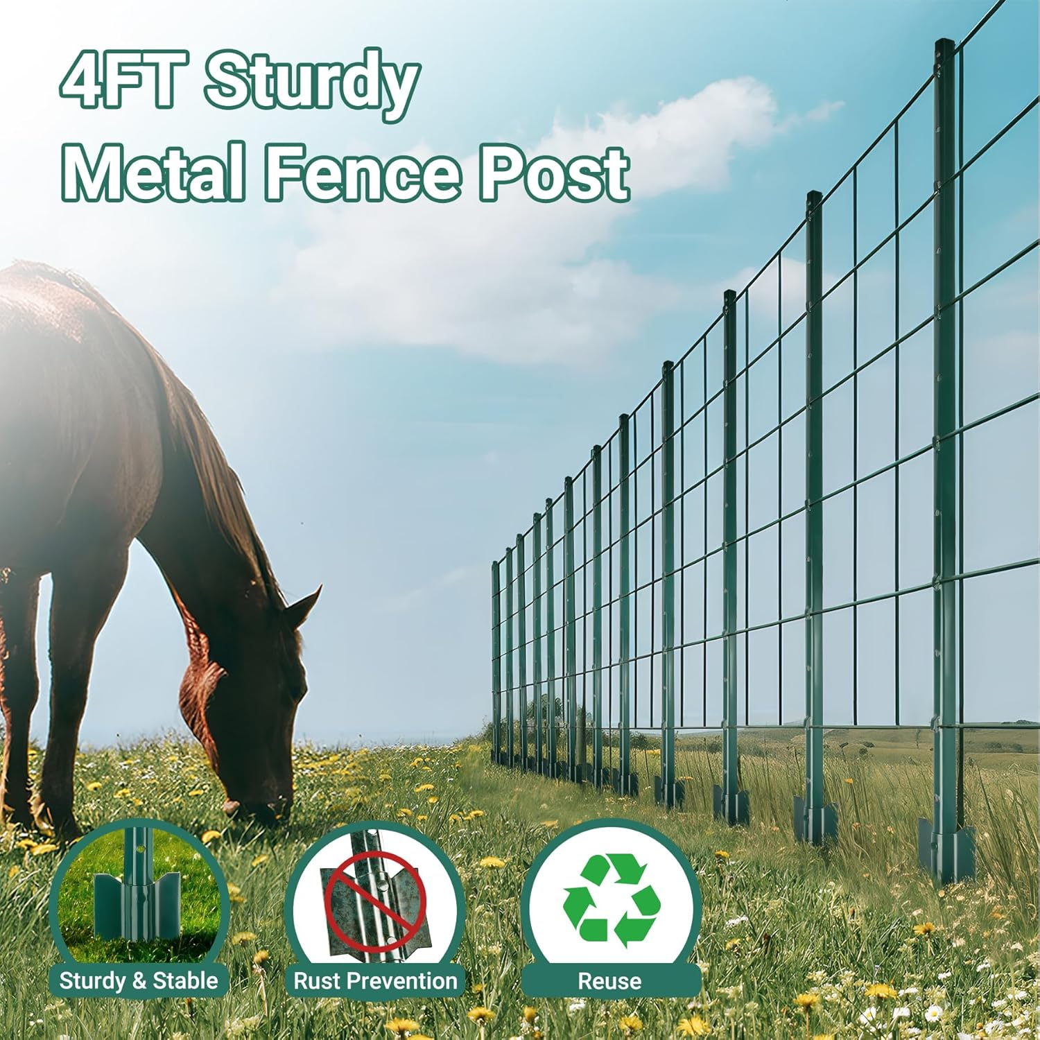 Fence Posts 4Feet - 10Pack, Heavy Duty Metal Fence Post with U-Channel, Steel Fence U-Post for Holding Garden Wire Fence, Corner Anchor Posts etc.
