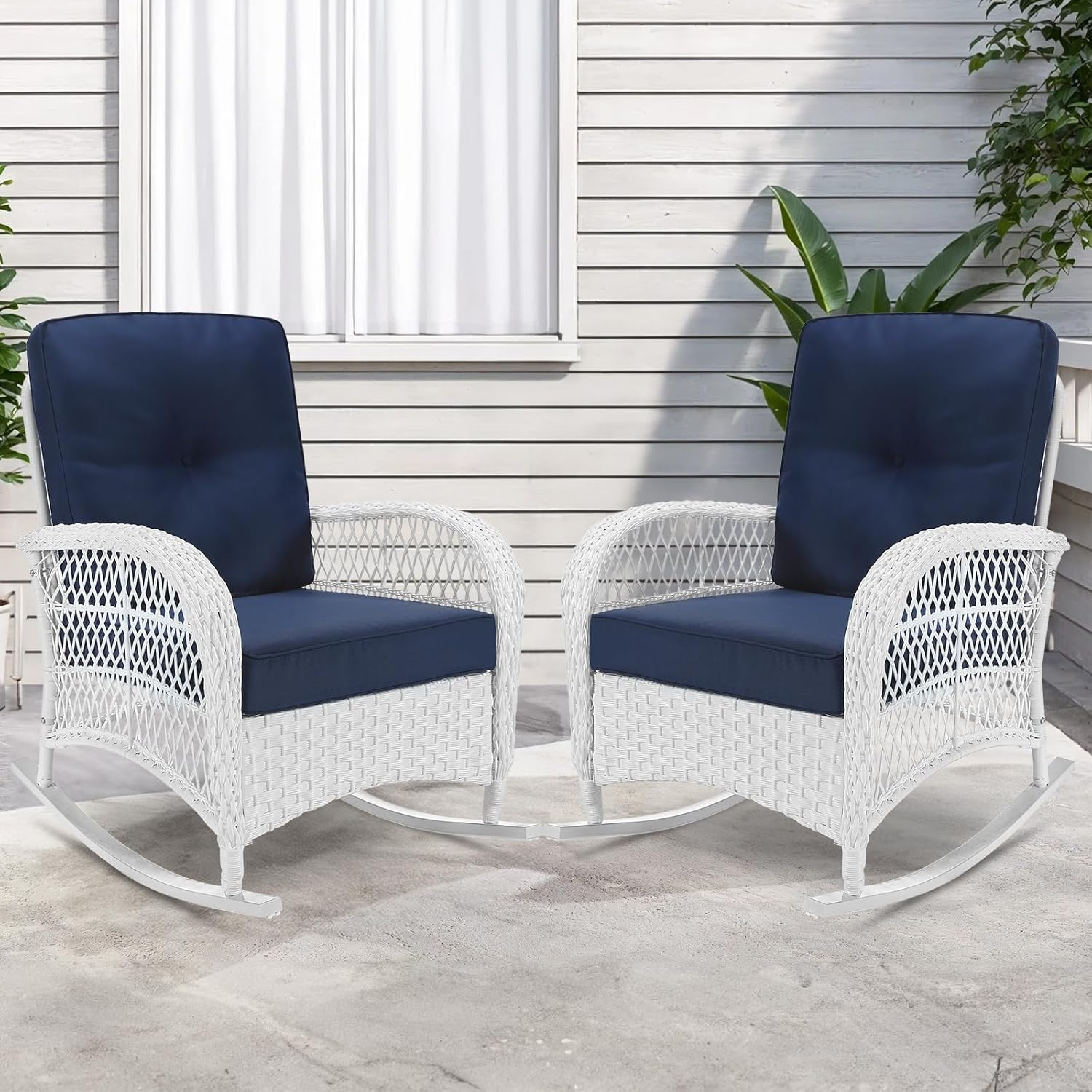 Beachcrest Home™ Beachcrest Home Outdoor Wicker Rocking Chairs Set Of 2, Rattan Patio Rocker Chairs With Thick Cushions And High Back, All-Weather Patio Wicker Chair With Safe Rocking Design For Garden, White Wicker