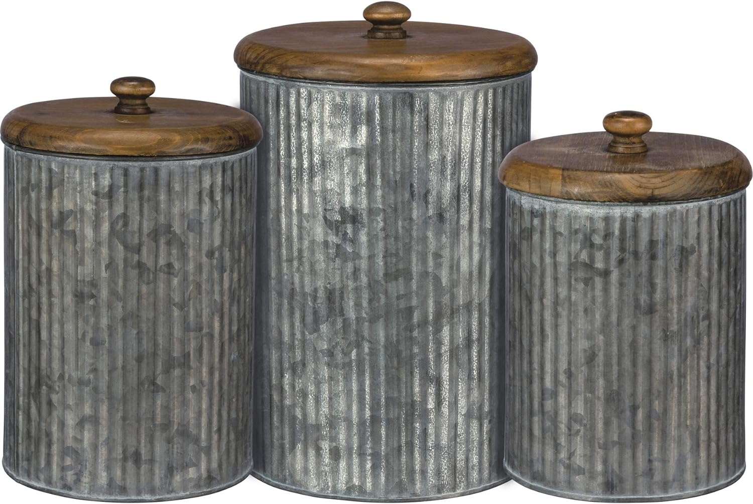 Primitives by Kathy Rustic Style Canisters, Set of 3, Galvanized Metal and Wood