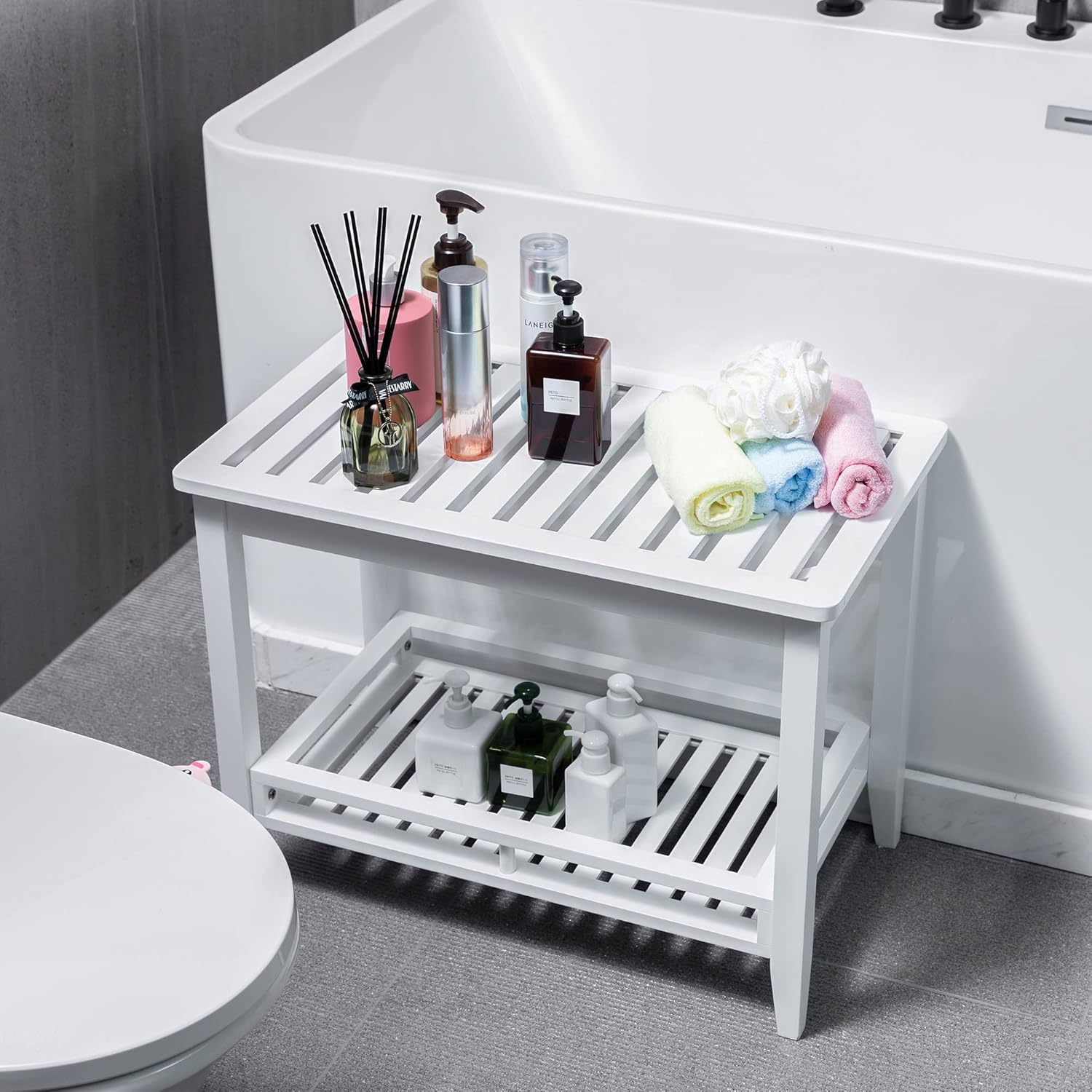 Zoopolyn Bamboo Shower Bench Seat with Storage Shelf Shower Stool Chair for Shaving Legs in Bathroom & Inside Shower Natural