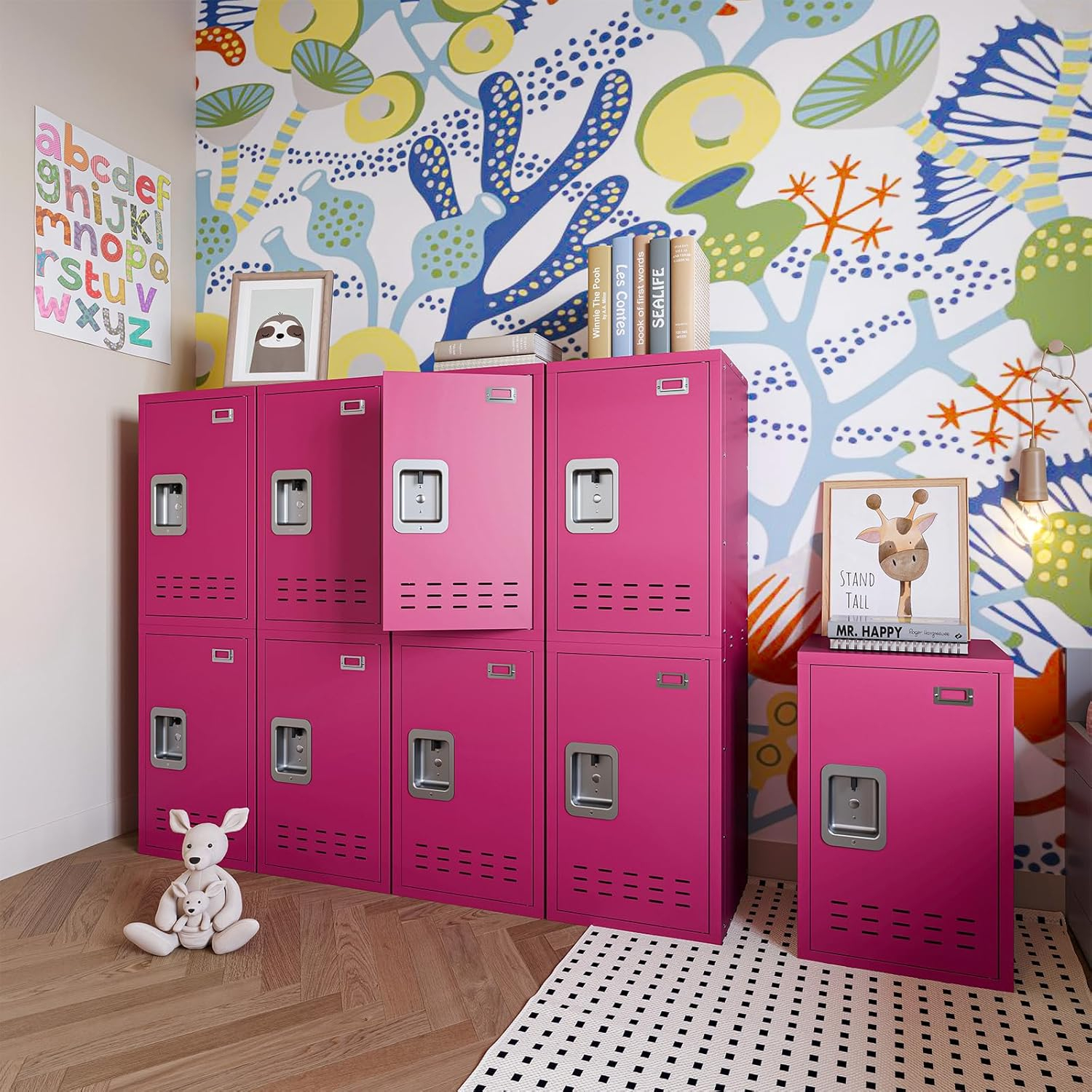 Metal Locker, Lockers, Lockable Storage Cabinet with Locker Shelf, 24" H Small Locking Cabinet for Kids, Locker Organizer for Home, Bedroom, School, Office (Pink)