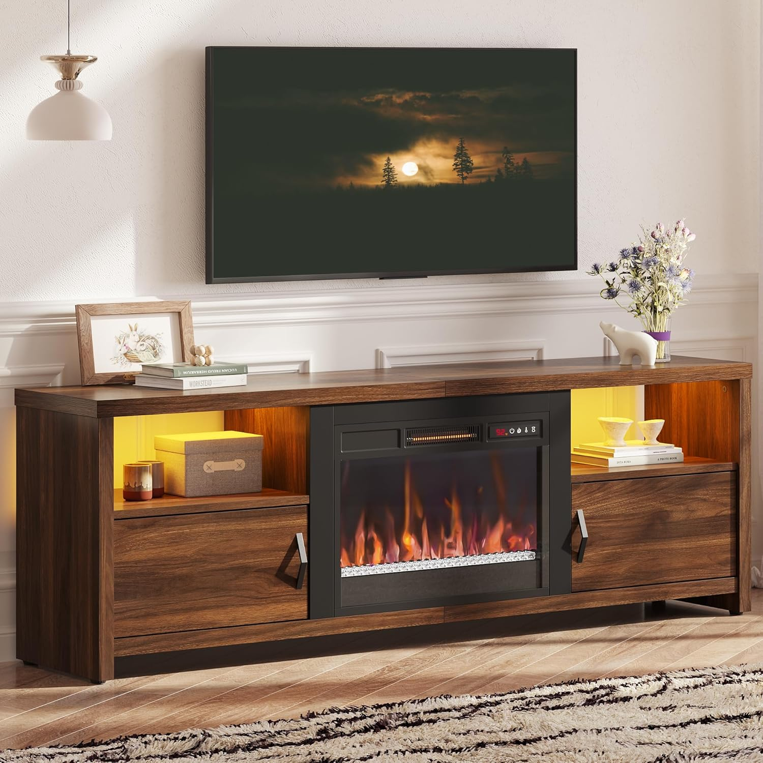 Walnut Electric Fireplace TV Stand with Cabinets for 75" TVs
