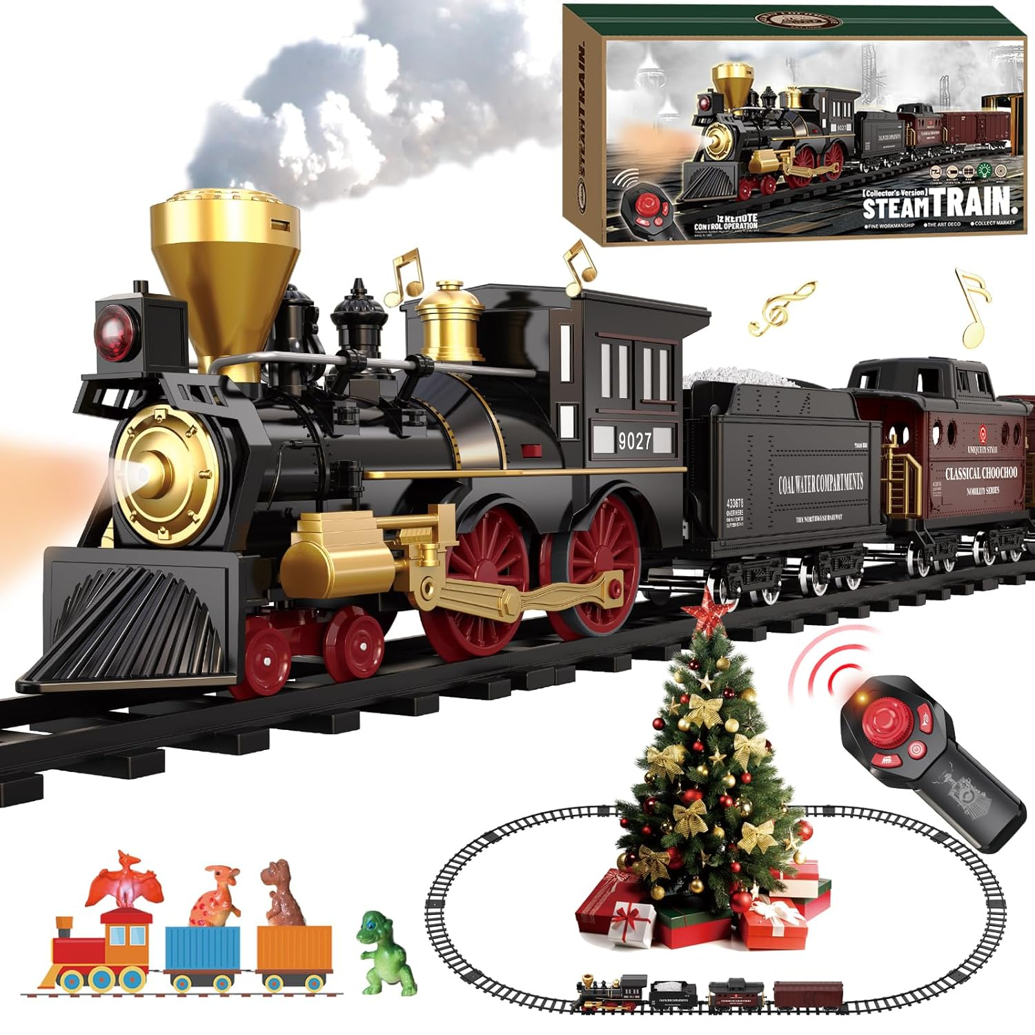 Train Set for Kids Remote Control Christmas Train Toys w/Steam Locomotive,Passenger Carriage & Luxury Tracks, Electric Trains w/Realistic Smoke,Sounds & Lights, Birthday Gift for Boys Girls 3 4 5 6 7