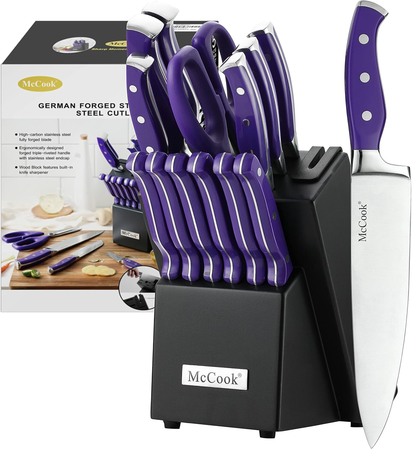 MC27 14 Pieces Stainless Steel kitchen knife set with Wooden Block, Kitchen Scissors and Built-in Sharpener, Purple