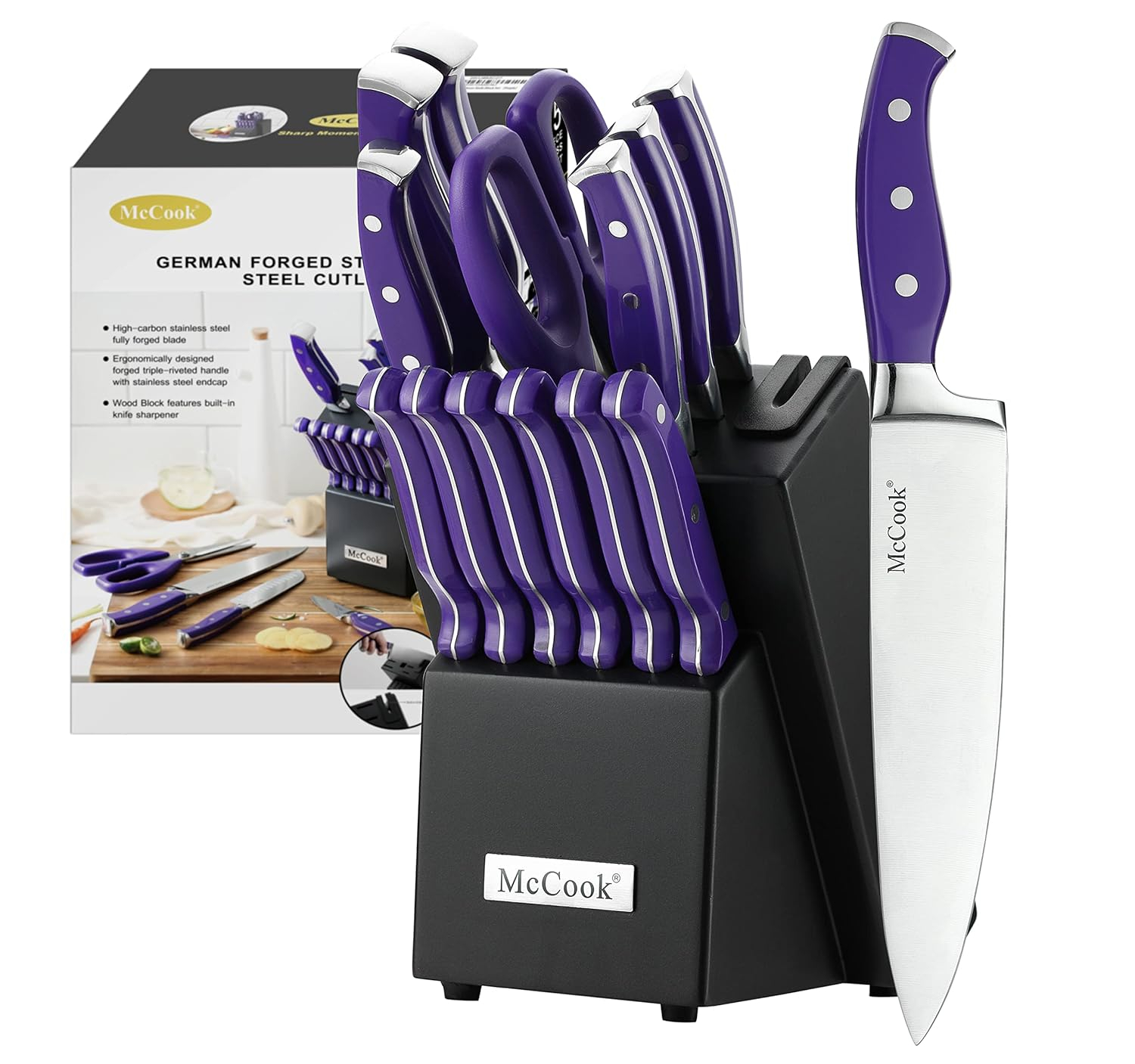 MC27 14 Pieces Stainless Steel kitchen knife set with Wooden Block, Kitchen Scissors and Built-in Sharpener, Purple