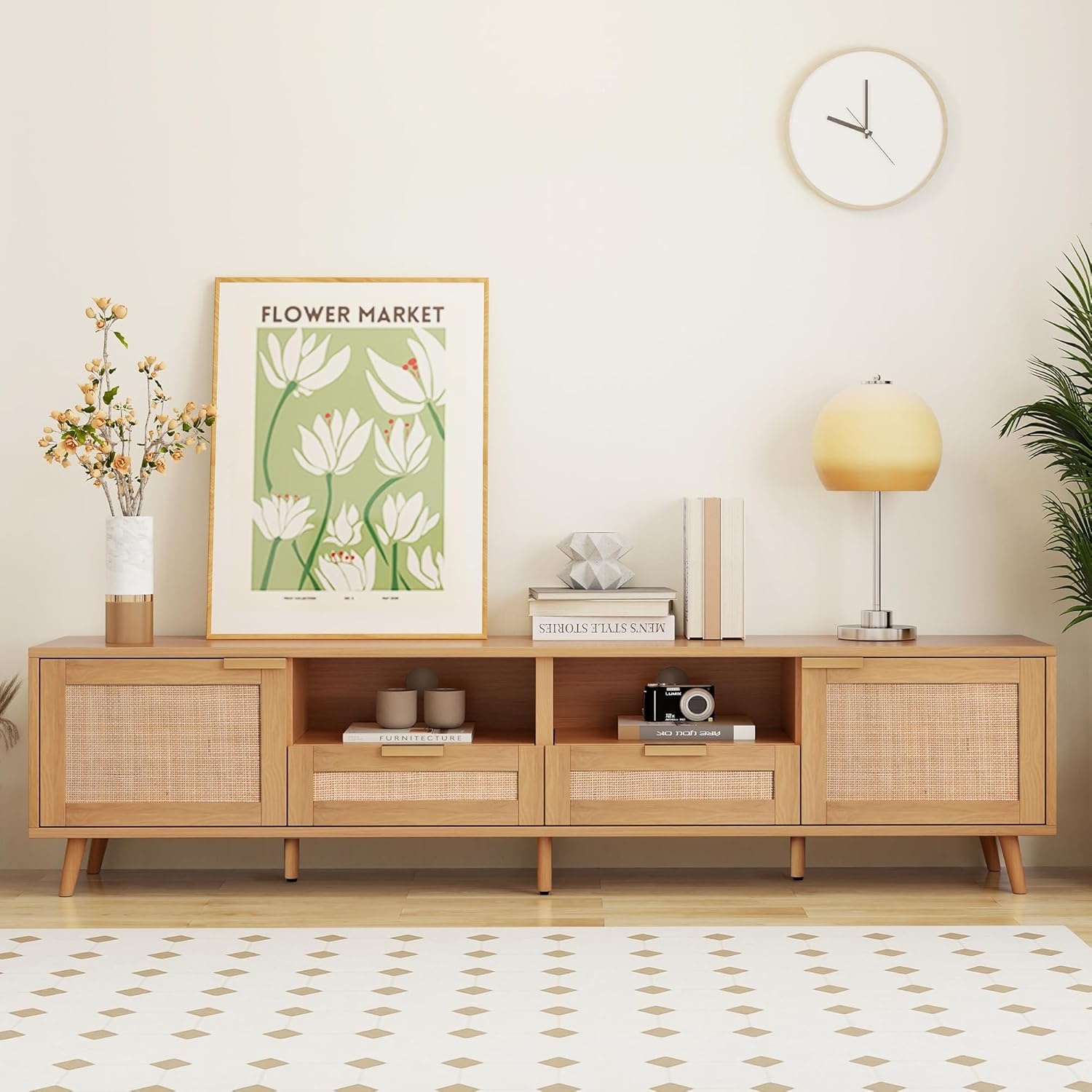 Rattan TV Stand for 85''+ TV, Mid Century Modern Entertainment Center with Rattan Decor Doors, Wood TV Console with 2 Doors & 2 Open Shelves & Drawers for Living Room, Bedroom, Natural