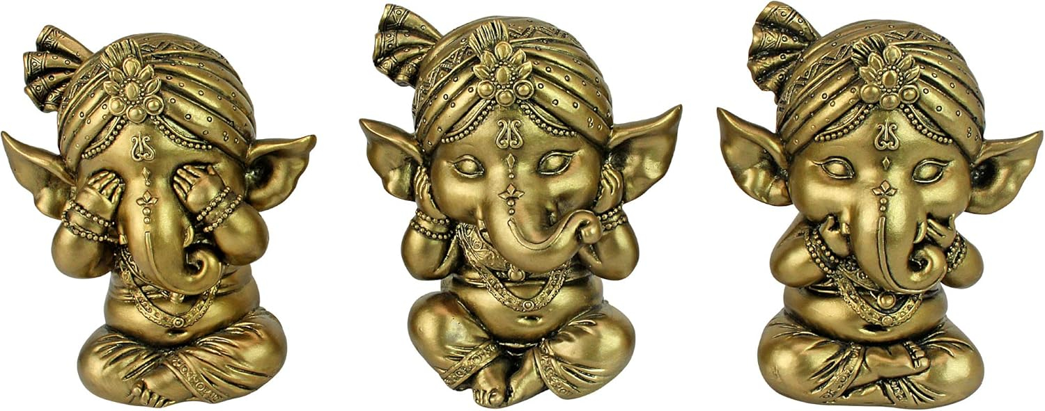 Pacific Giftware Set of Three Ganesha See No Evil Hear No Evil Speak No Evil Decorative Shelf Sitter Figurines 4 inch Tall Gold Finish