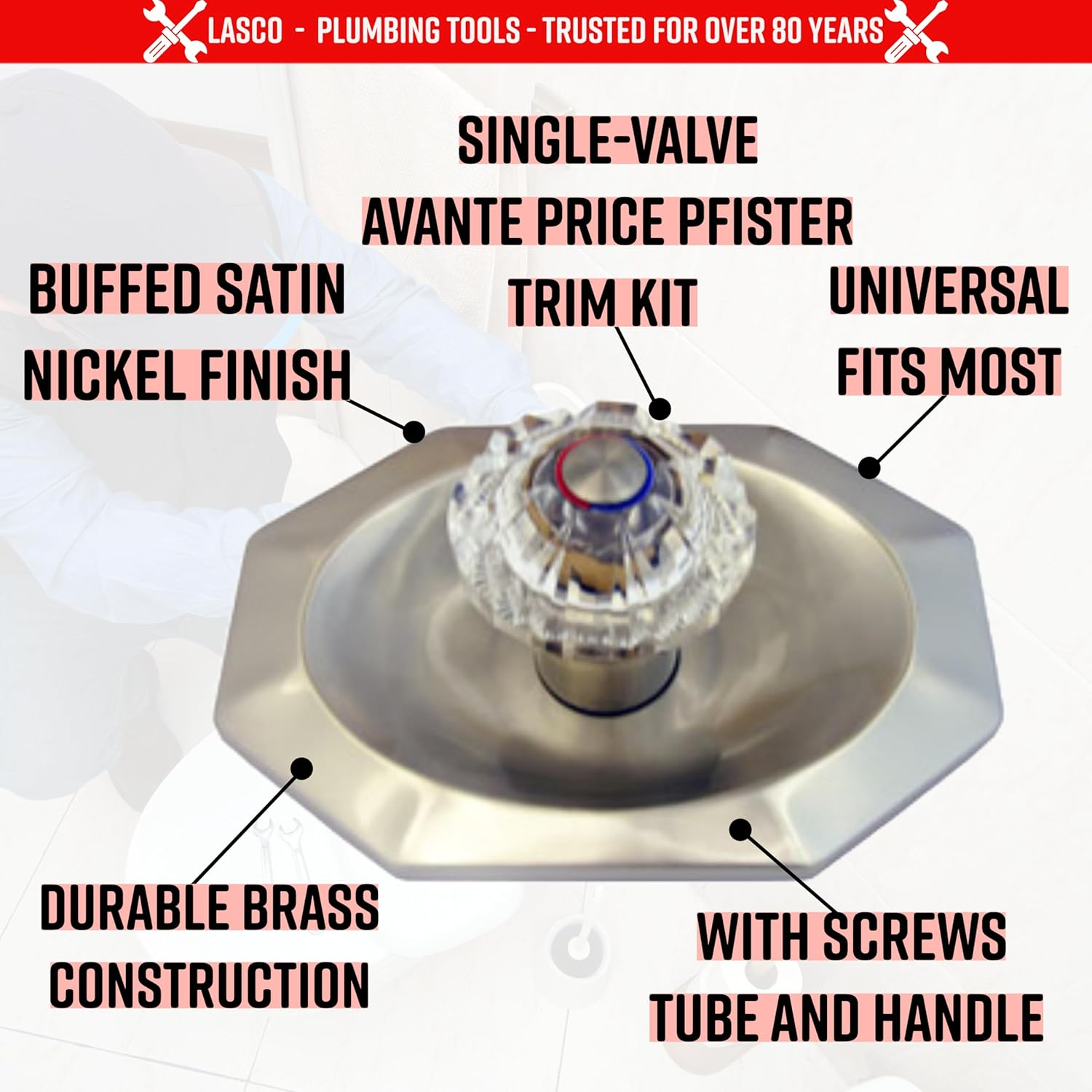 Simpatico 31641Sn Price Pfister Shower Trim Kit With Brass Escutcheon With Screws, Tube And Handle, Satin Nickel