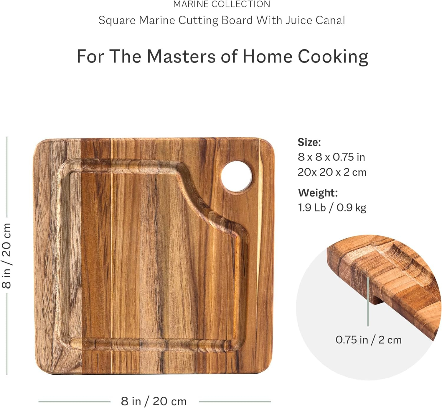 TeakHaus Edge Grain Marine Board w/Corner Hole + Juice Canal (Square) | 8" x 8" x 0.75"