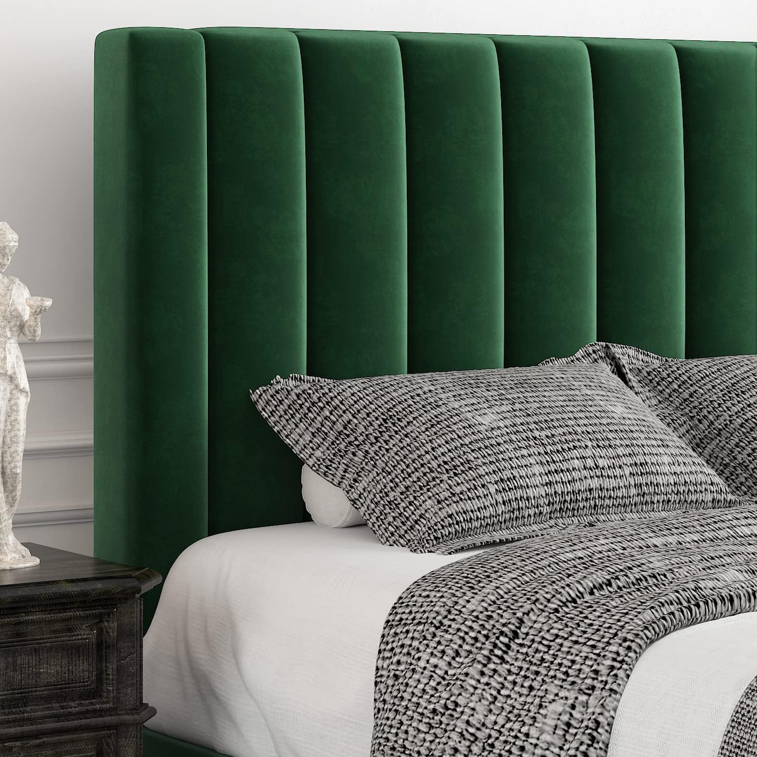 Allewie King Platform Bed Frame/Velvet Upholstered Bed Frame with Vertical Channel Tufted Headboard/Strong Wooden Slats/Mattress Foundation/Box Spring Optional/Easy Assembly/Green
