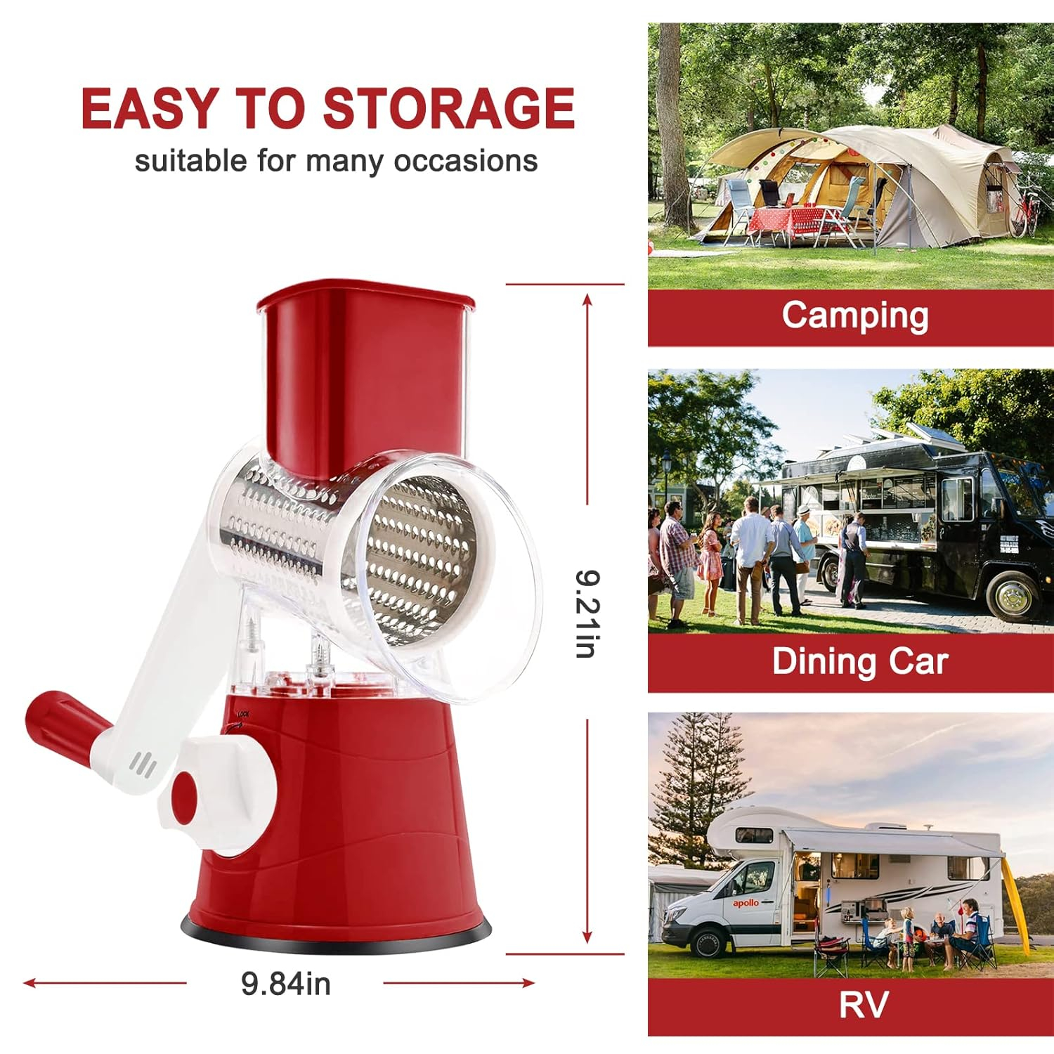 3rd Generation Rotary Cheese Grater, Mandoline Vegetable Slicer with 3 Replacement Blades, Easy to Clean Rotary Shredder for Fruit, Vegetables, Red