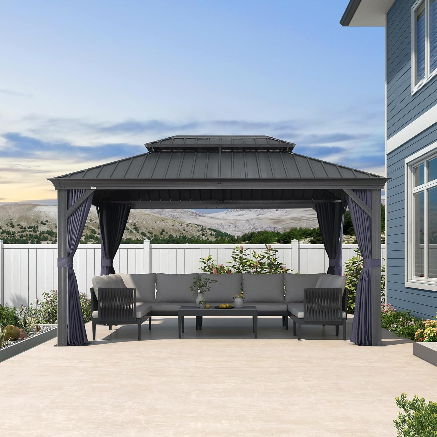 PURPLE LEAF 10' X 14' Hardtop Gazebo Aluminum Gazebo with Galvanized Steel Double Roof for Backyard Patio Lawn and Garden Curtains and Netting Included Navy Blue