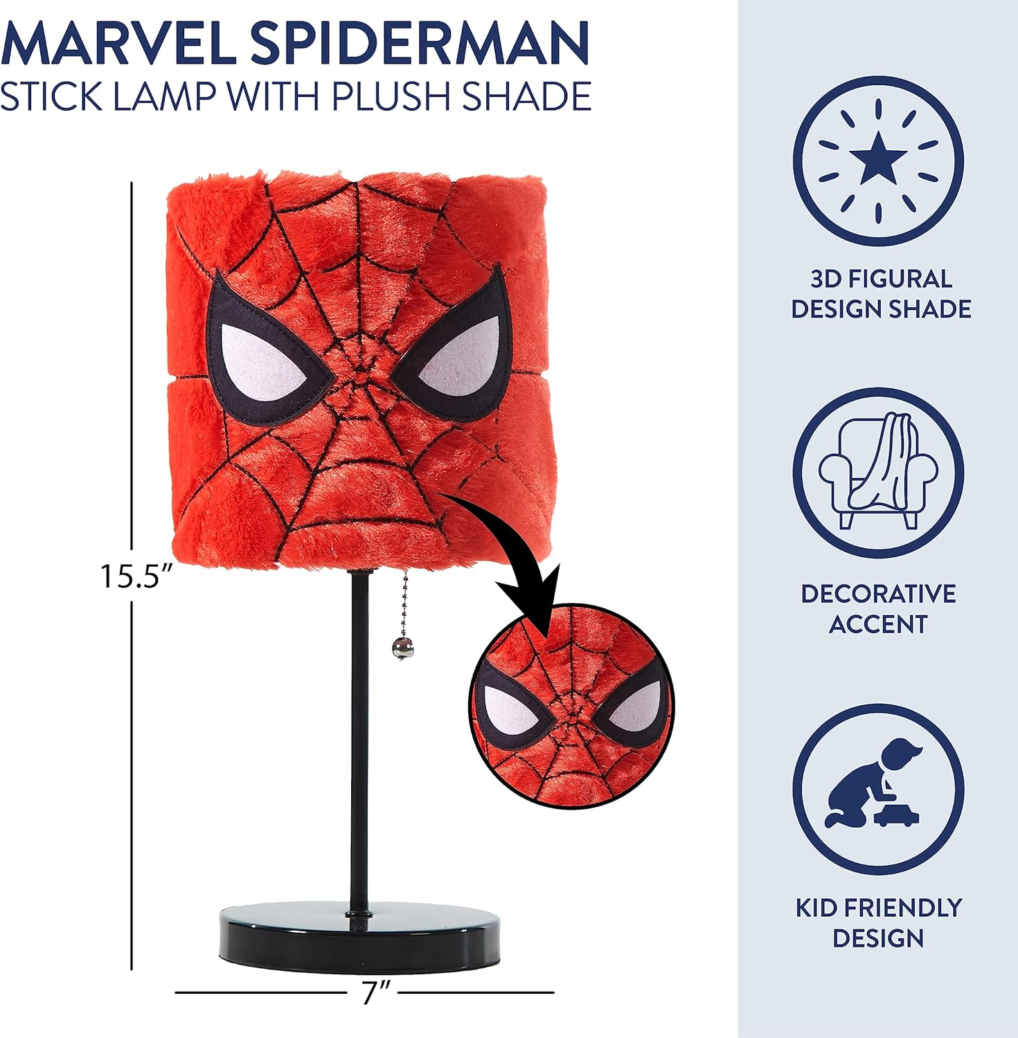 Marvel Spiderman Soft Plush Kids' Table Stick Lamp Light, 15", Red, Plug-In, 1-Light
