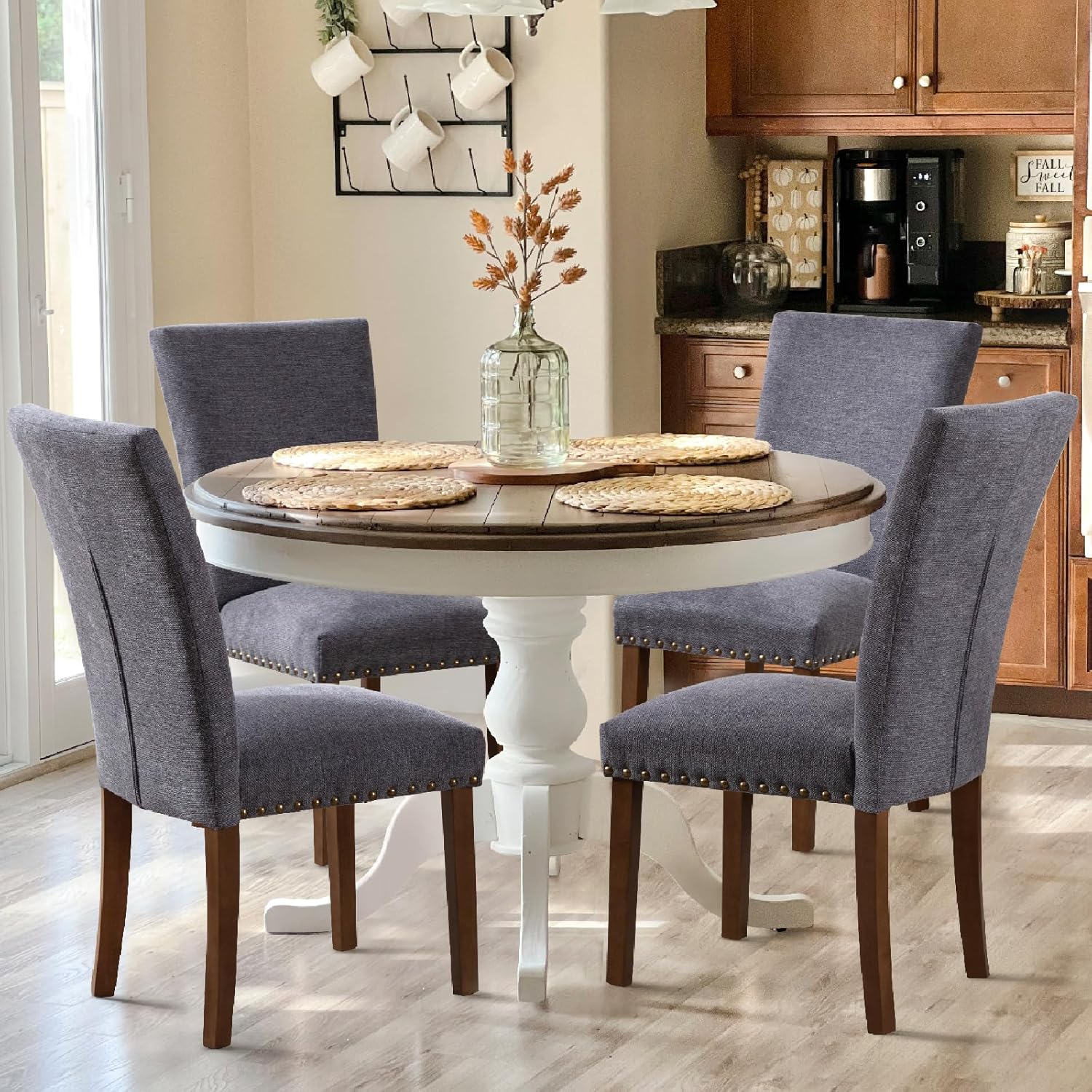 COLAMY Upholstered Parsons Dining Chairs Set of 4, Fabric Dining Room Kitchen Side Chair with Nailhead Trim and Wood Legs - Dark Grey