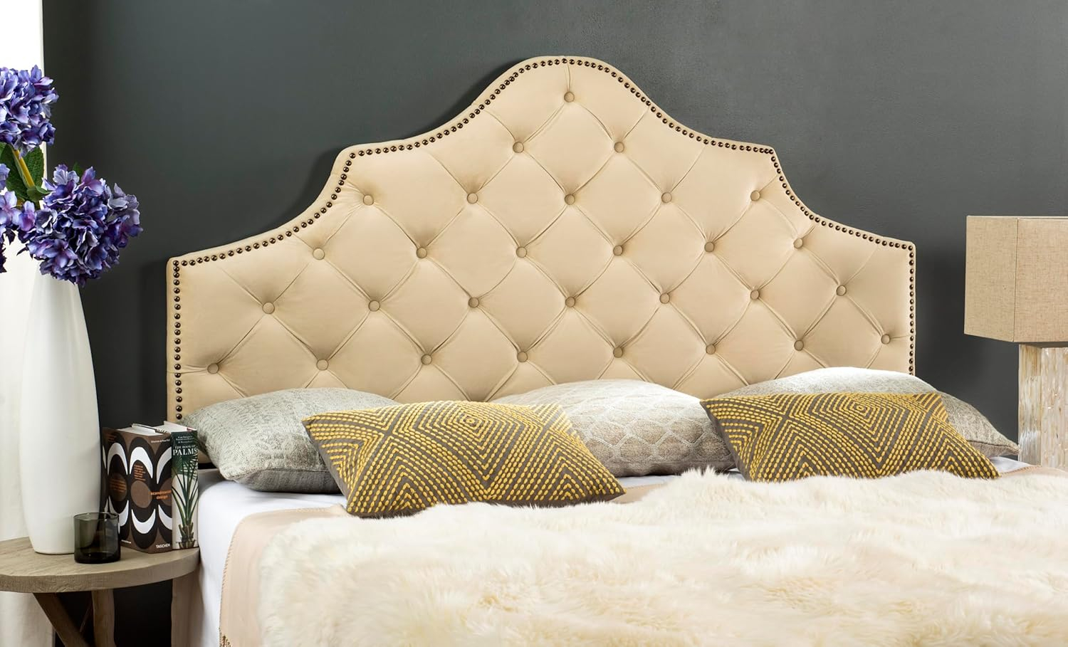 SAFAVIEH Arebelle Rustic Glam Tufted Headboard with Nail Heads, King, Chocolate