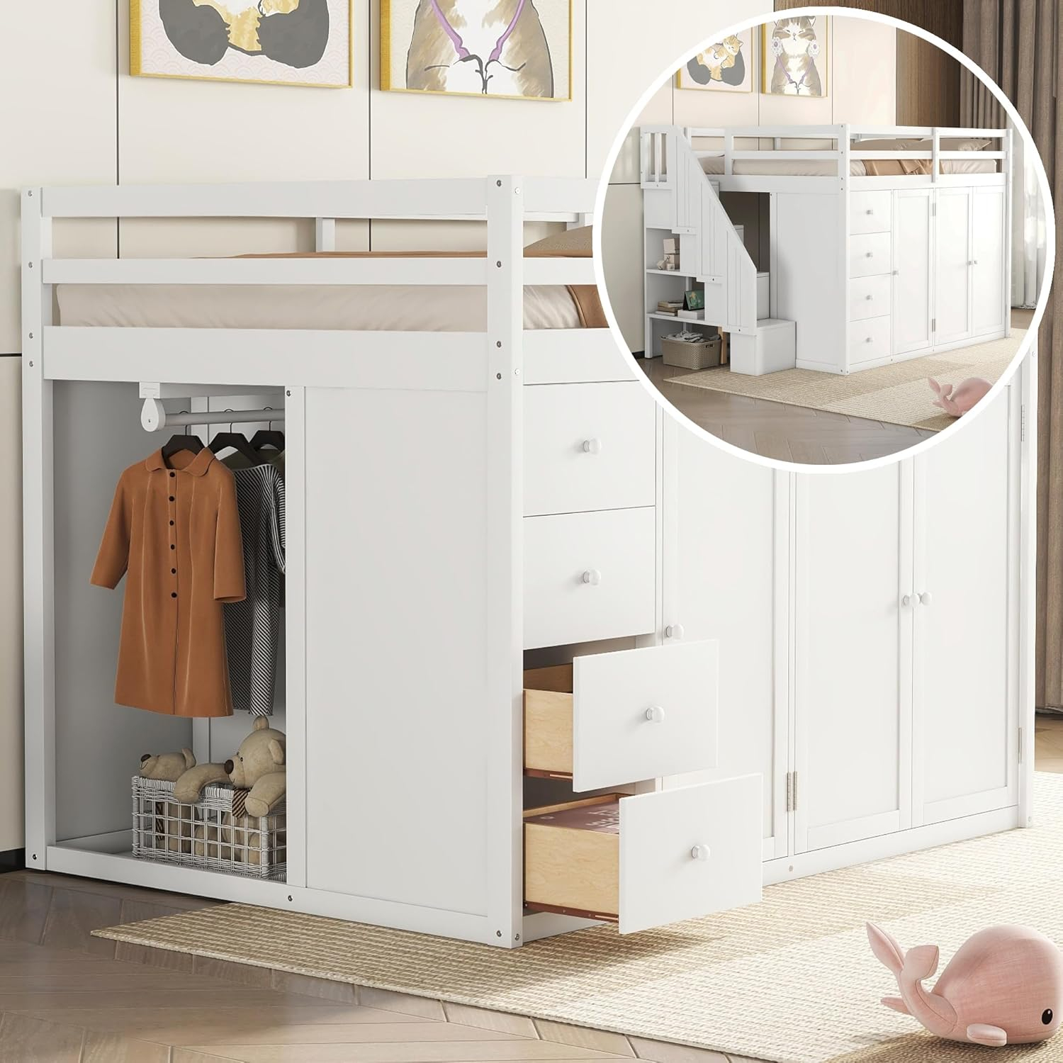Harper & Bright Designs Full Size Loft Bed with Stairs and Wardrobes, Solid Wood Loft Bed Frame with Storage Cabinets and Drawers for Kids Teens Adults, Weight Capacity: 600LBS, White