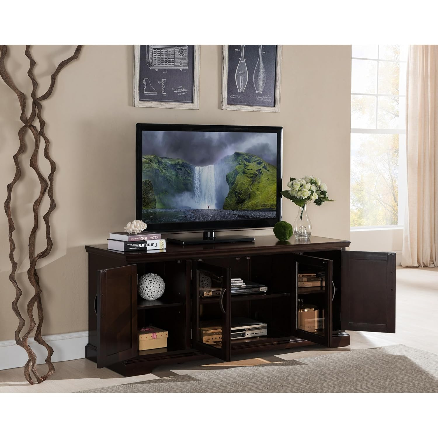 Leick Home 81360 Three Door TV Stand with Bronze Glass for 60" TV's, Chocolate Cherry