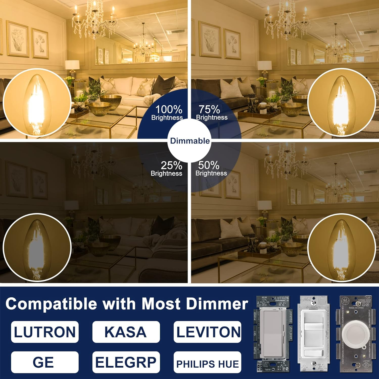 Honesorn Dimmable E12 Candelabra Led Light Bulbs, 2700k 60-Watt Equivalent Type B Chandelier Light Bulb for Ceiling Fan, Soft White C35 B11 Candle led for Candelabra Base 6 Pack