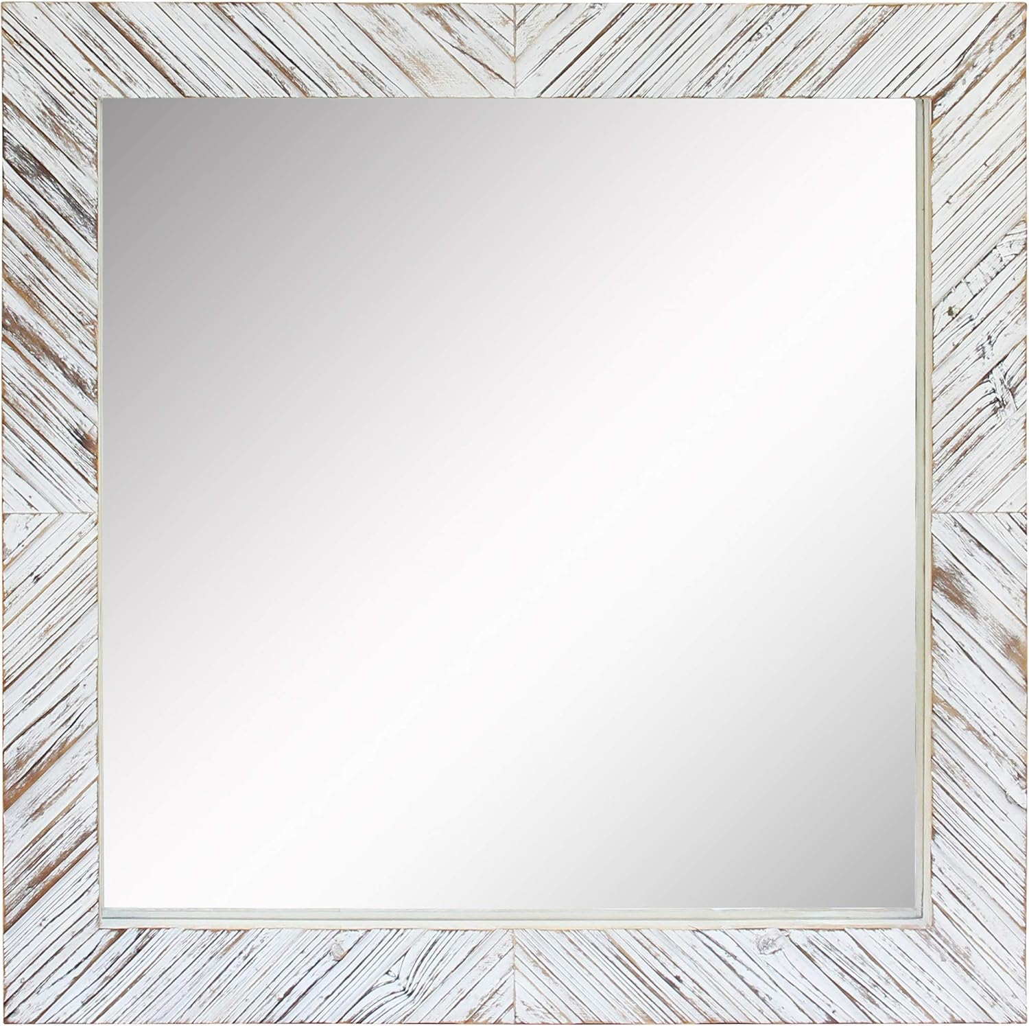 Stonebriar Brown 20" x 20" Square Textured Worn White Wooden Chevron Hanging Wall Mirror with Attached Mounting Brackets, Decorative Decor for the Living Room, Bedroom, Bathroom, Hallway, and Entryway