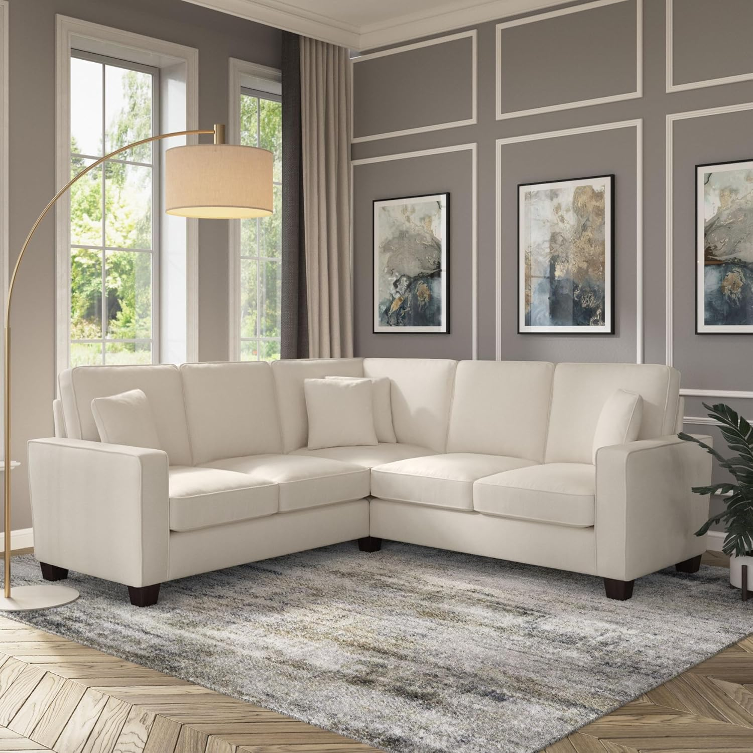 Stockton 87W L Shaped Sectional Couch in Cream Herringbone Fabric