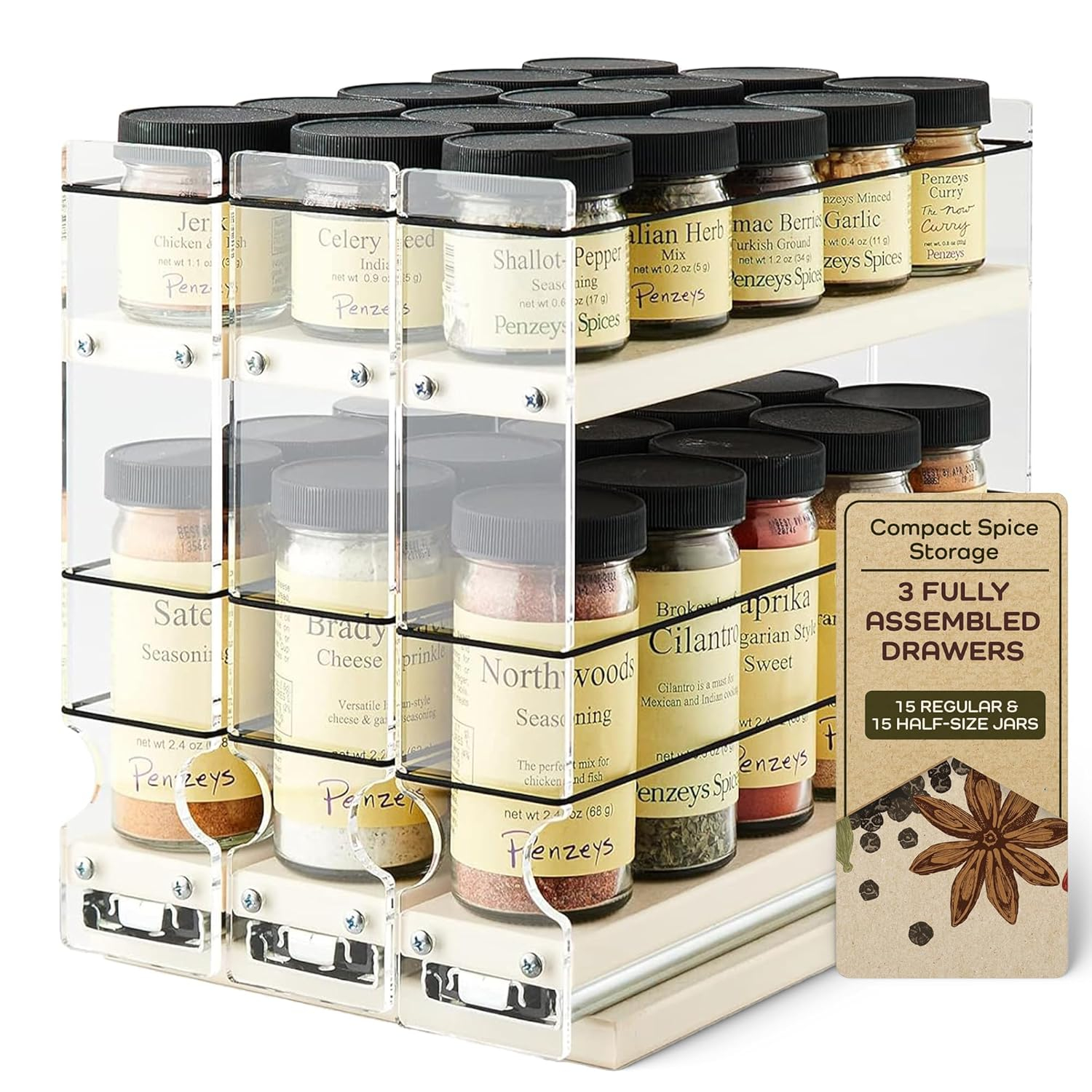 Cream Acrylic and HDPE 3-Drawer Spice Rack Organizer