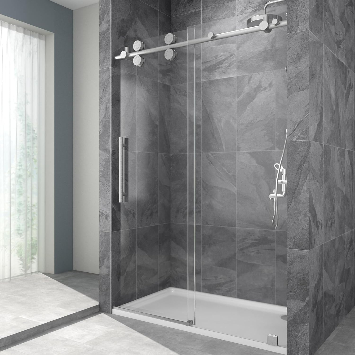 Frameless Sliding Shower Door, 76 x (44-48) Inch Frameless Shower Door, 5/16" (8mm) Clear Tempered Glass in Brushed Nickel Finish, Glass Shower Door