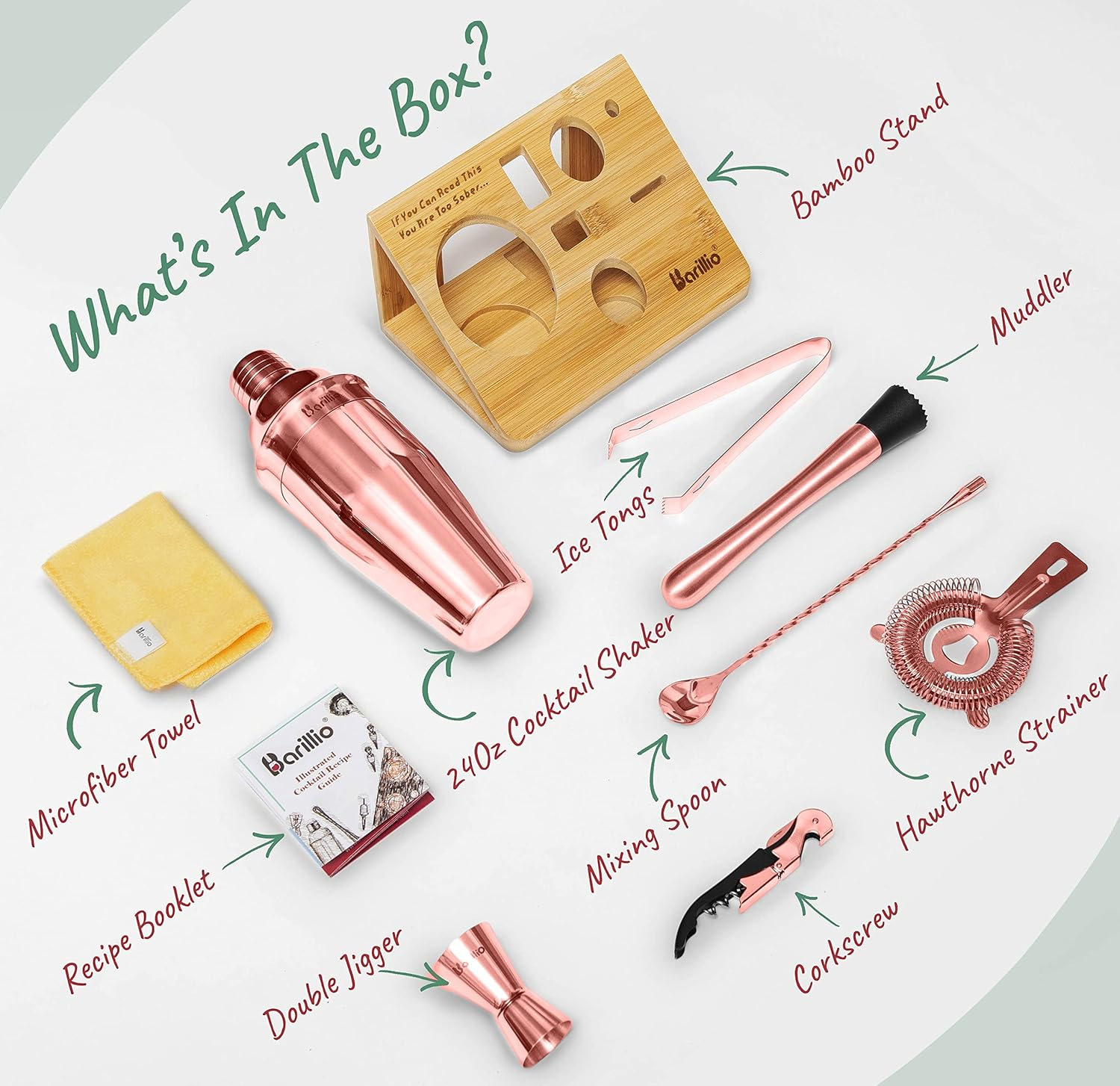 Rose Gold Stainless Steel Bartender Kit with Bamboo Stand