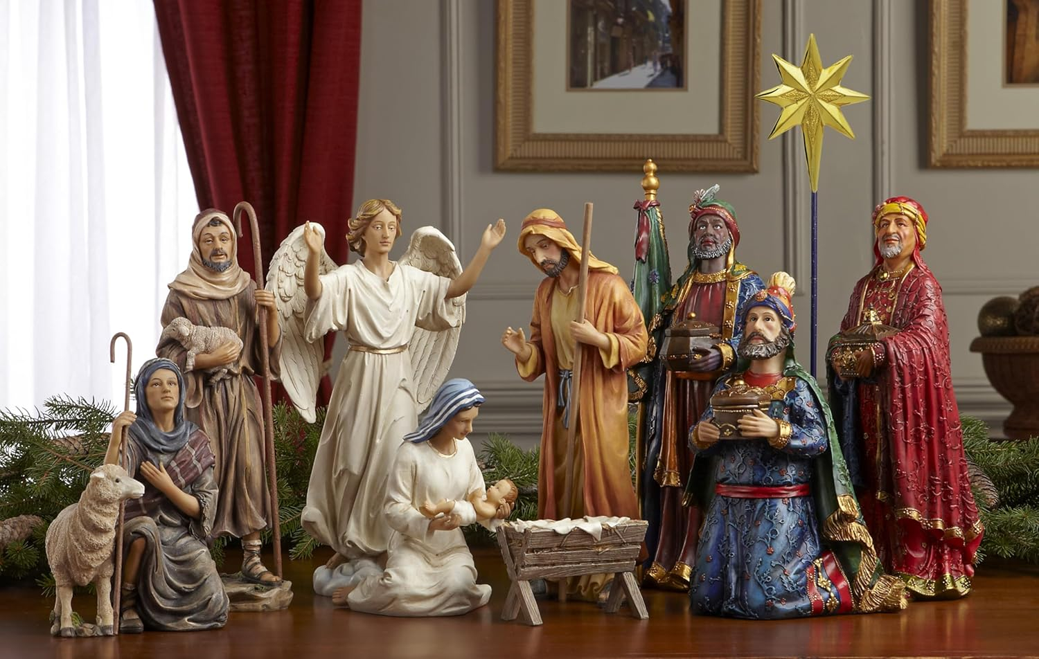 Three Kings Gifts Magi, Wise Men, Christmas Star, Angel, Shepherds, Sheep, Holy Family, Jesus in Manger, Real Gold in Trunk, Nativity Scene Set & Figures, 11-Pieces, for 7 inch Scale Collection